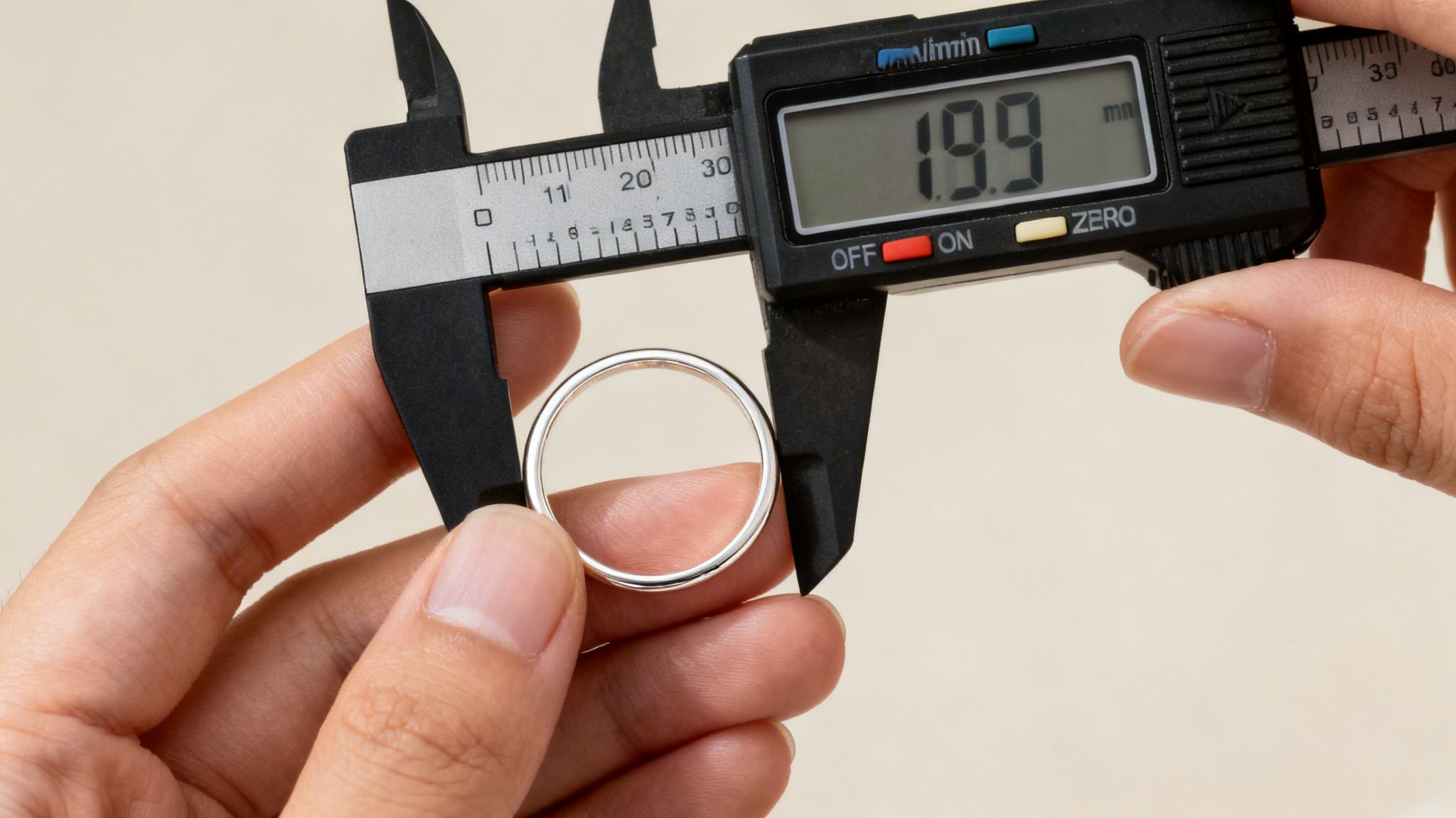 A person uses a digital caliper to measure the inner diameter of a silver ring, displaying 19.9 mm.