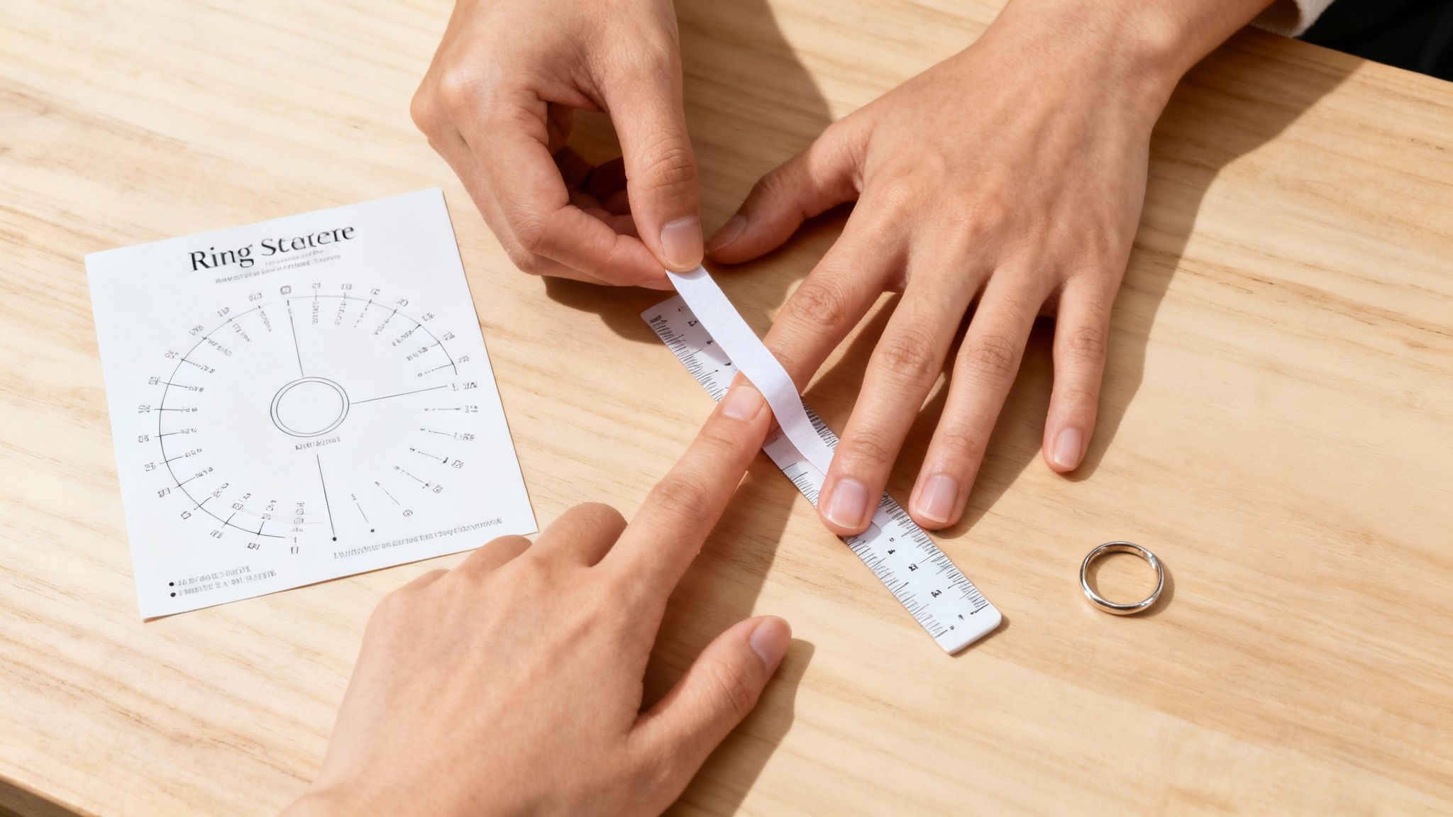 Hands measuring a finger with a paper strip and ruler for ring sizing, next to a ring guide and a silver ring.
