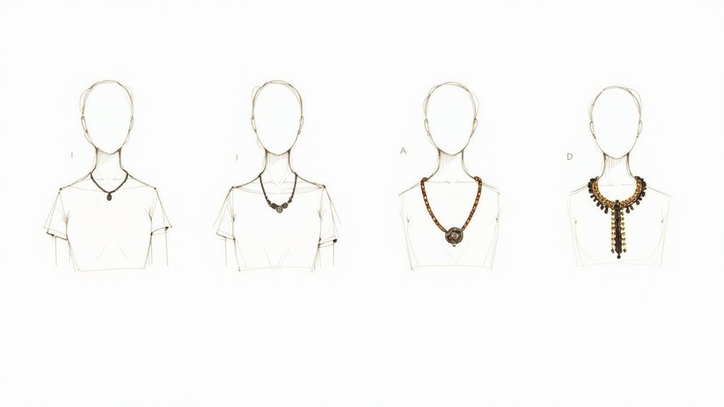 Чотири ілюстрації різних дизайнів намист на жіночих манекенах, демонструючи стилі та довжину.