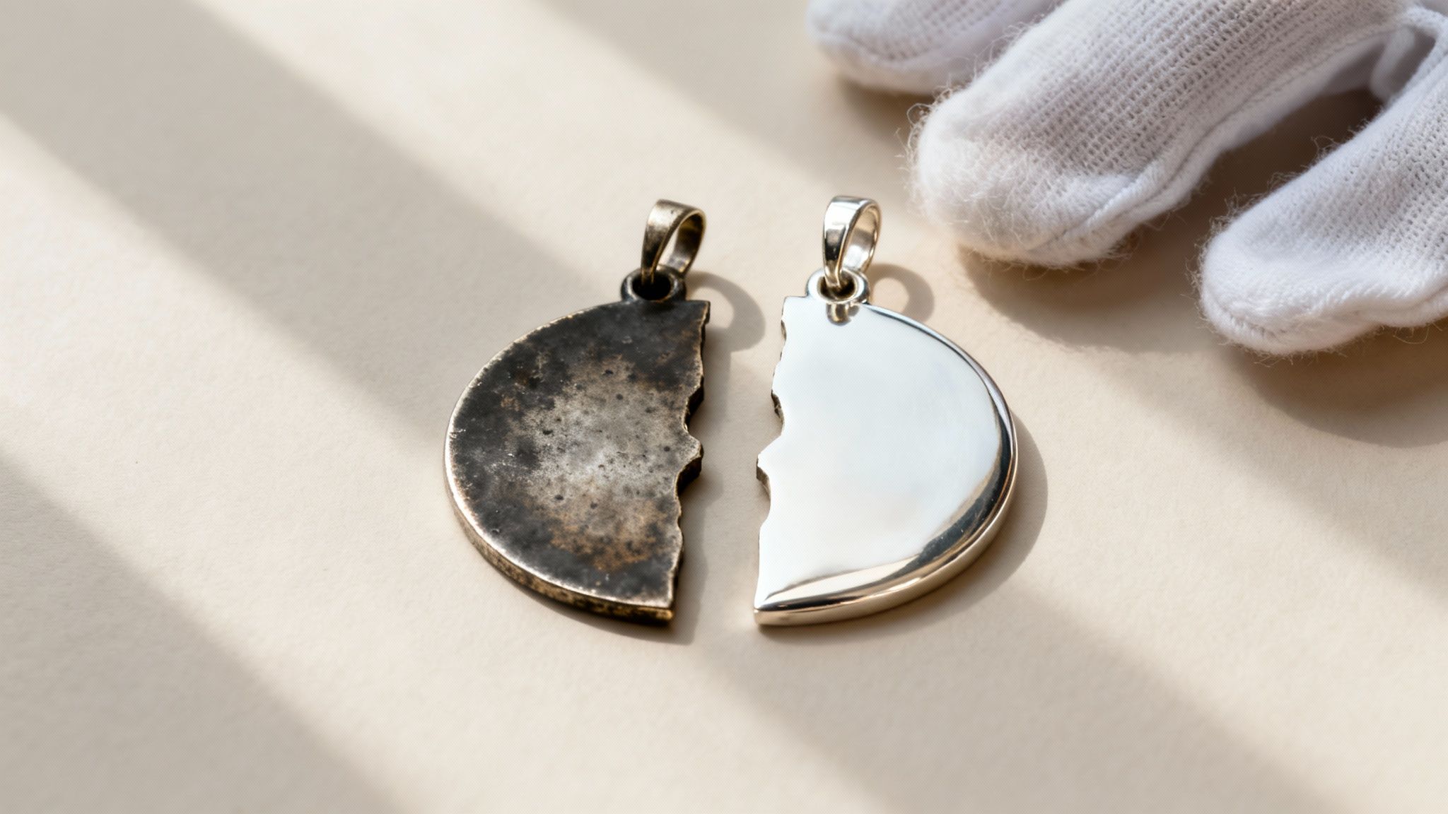 Two halves of a heart pendant, one tarnished and one shiny, showing silver polishing contrast.