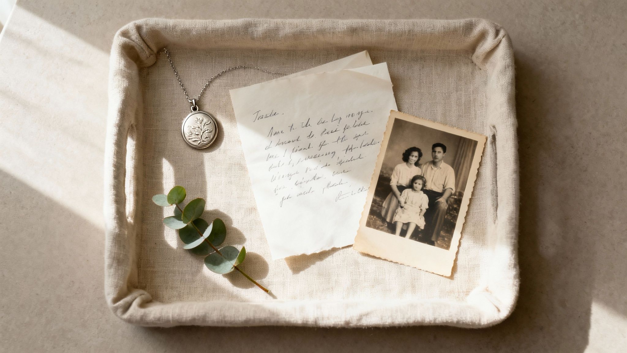 A beige linen basket holds a silver necklace, eucalyptus, handwritten notes, and a vintage family photo.