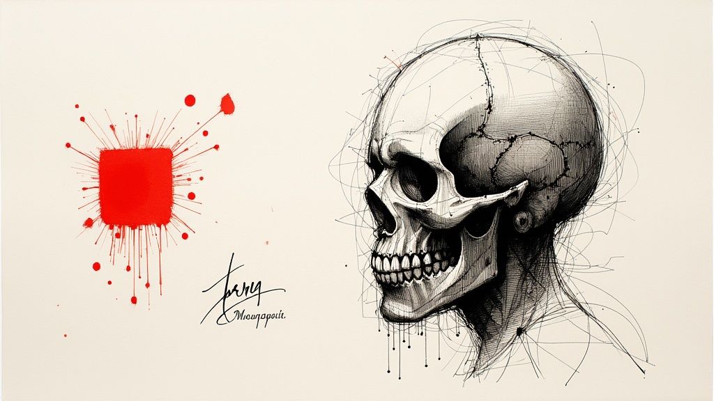 Детальний ескіз людського черепа тушшю та абстрактна червона пляма з бризками на світлому фоні, з підписом художника.