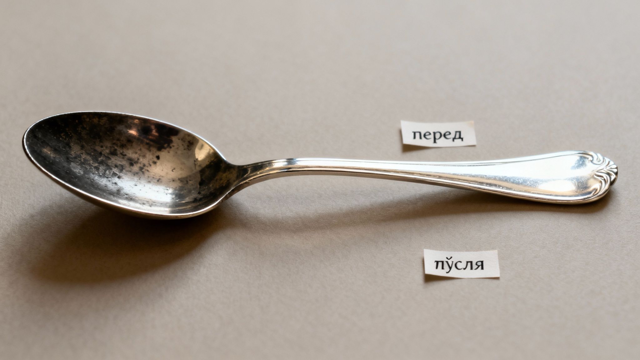 Потьмяніла срібна ложка лежить на світлому фоні з написами «перед» і «пӱсля», що символізує потребу в чищенні.