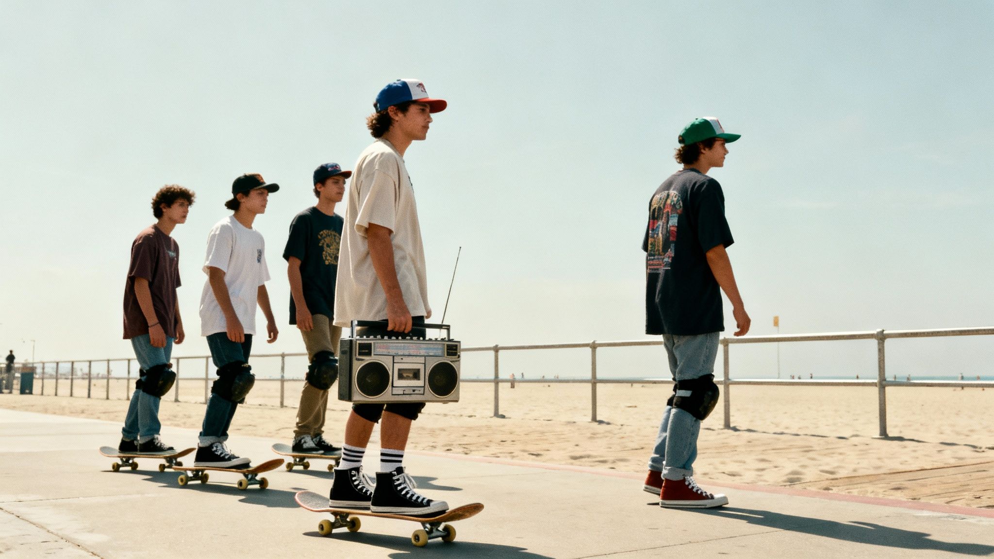 Five young men on skateboards, dressed in streetwear, cruising along a beach boardwalk with a boombox.