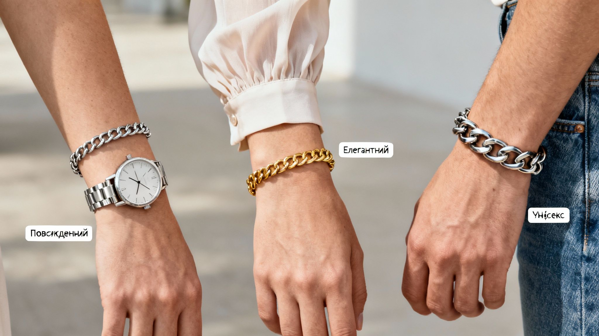 Три руки демонструють різні ланцюжки-браслети: повсякденний срібний з годинником, елегантний золотий та унісекс широкий срібний.