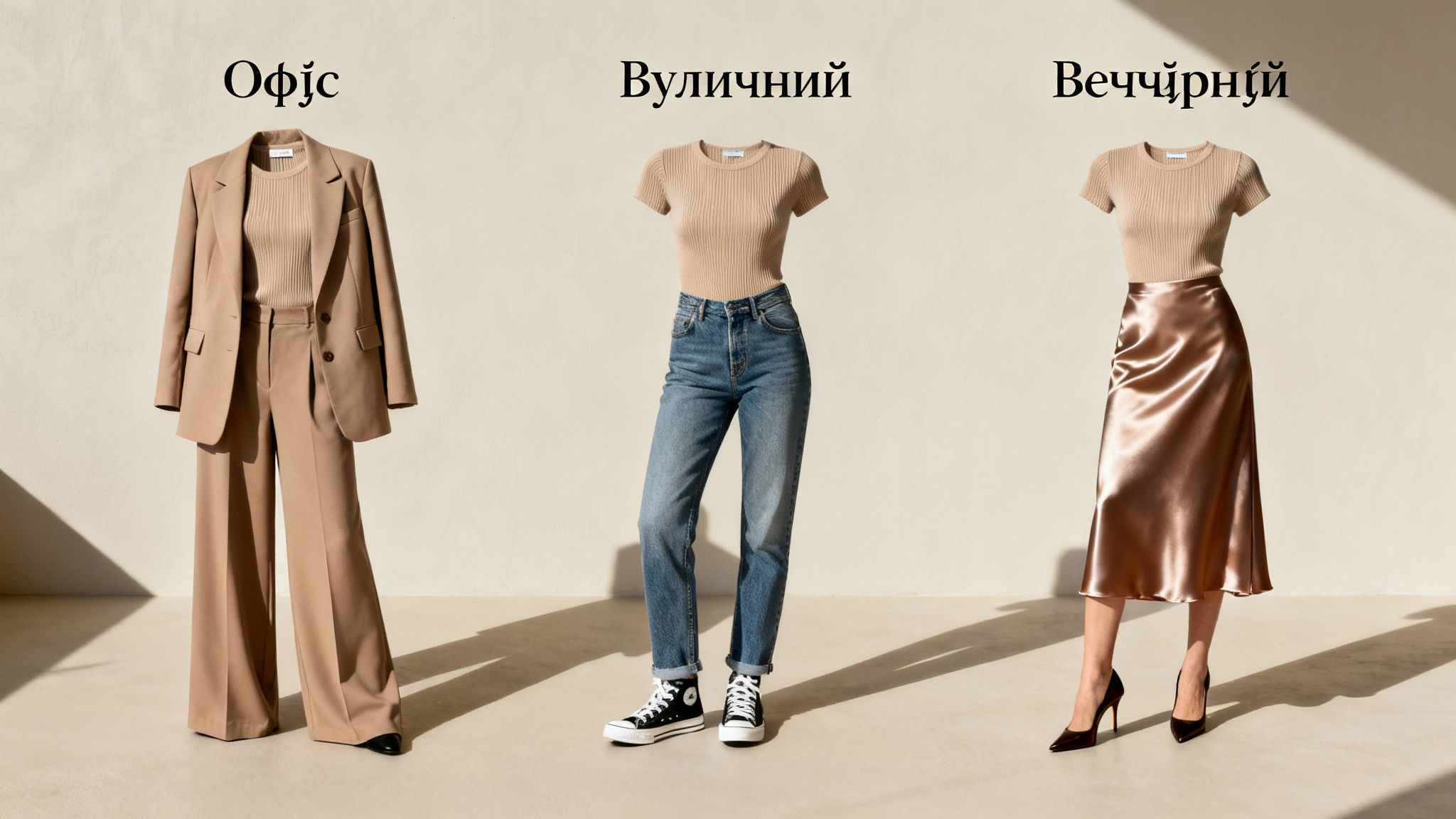 Три стильні образи: офісний костюм, джинси з кедами та атласна спідниця з топом у рубчик.