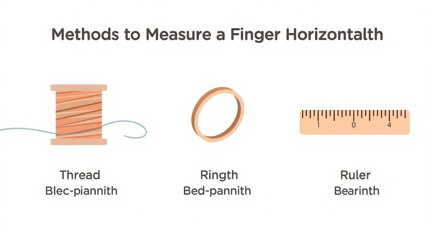 Три методи вимірювання розміру пальця: нитка з котушкою, каблучка та лінійка для визначення горизонтального розміру