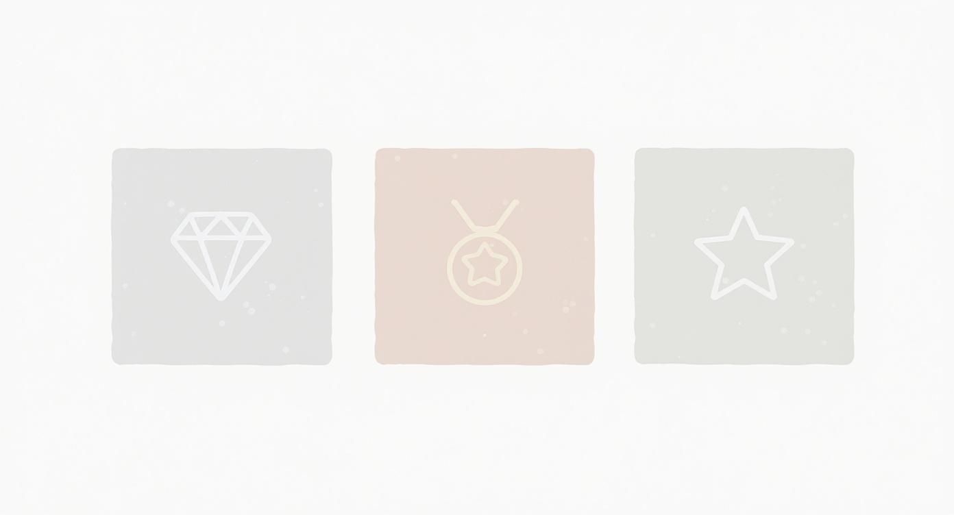 Три мінімалістичні іконки: діамант на сірому тлі, медаль із зіркою на рожевому, та зірка на сірому.