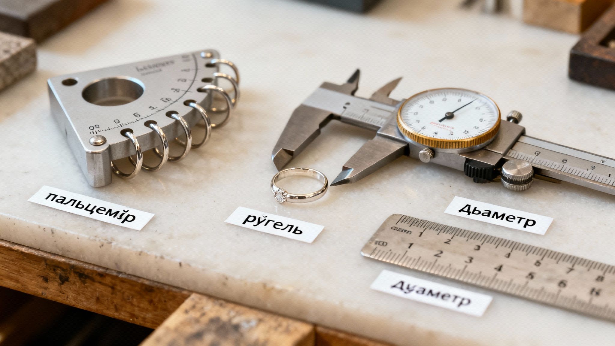 На столі розміщено інструменти для вимірювання розміру пальця та каблучки: пальцемір, ругель, штангенциркуль та лінійка.