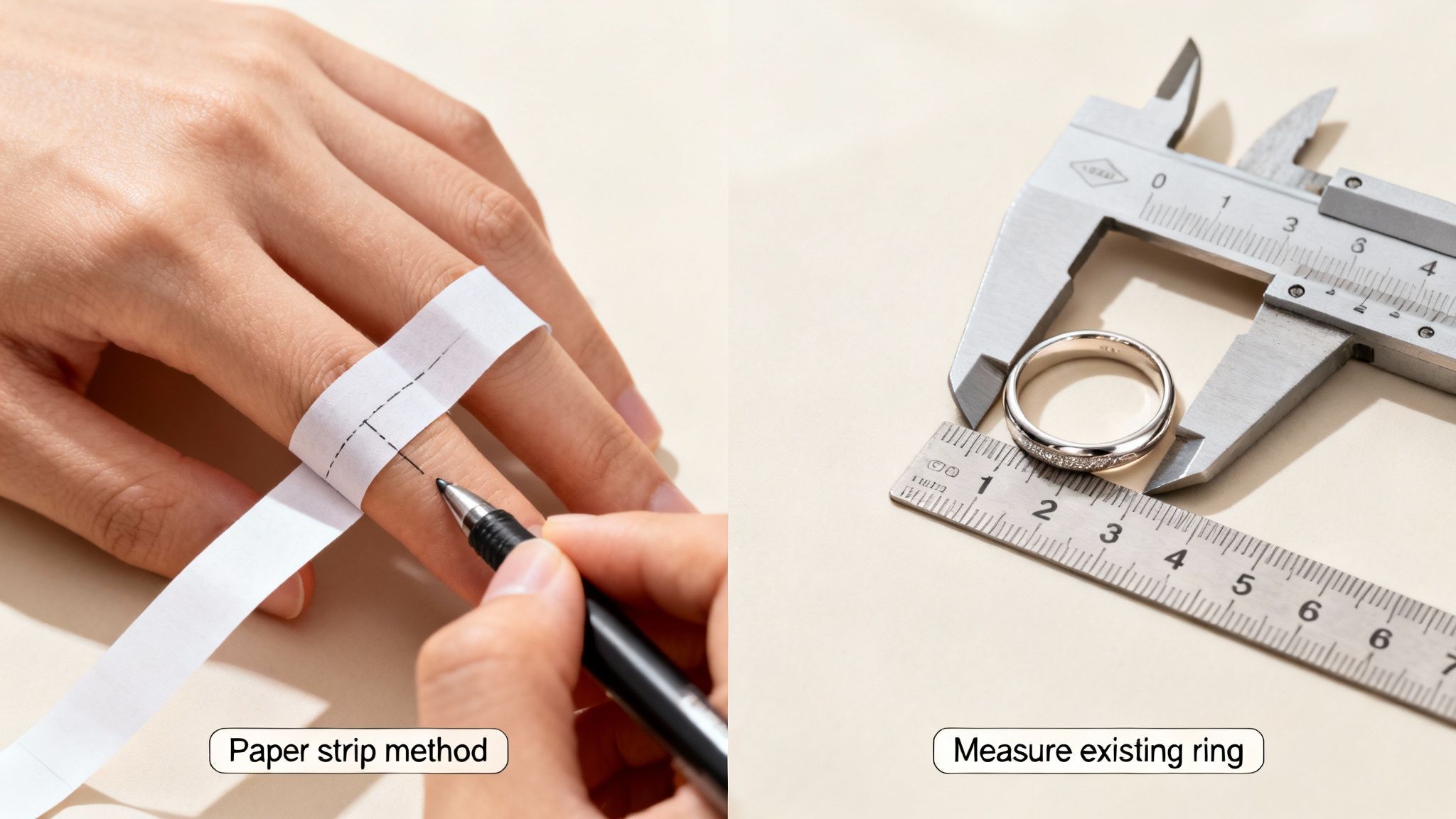 Two common methods for measuring ring size: using a paper strip on a finger and measuring an existing ring with a caliper.
