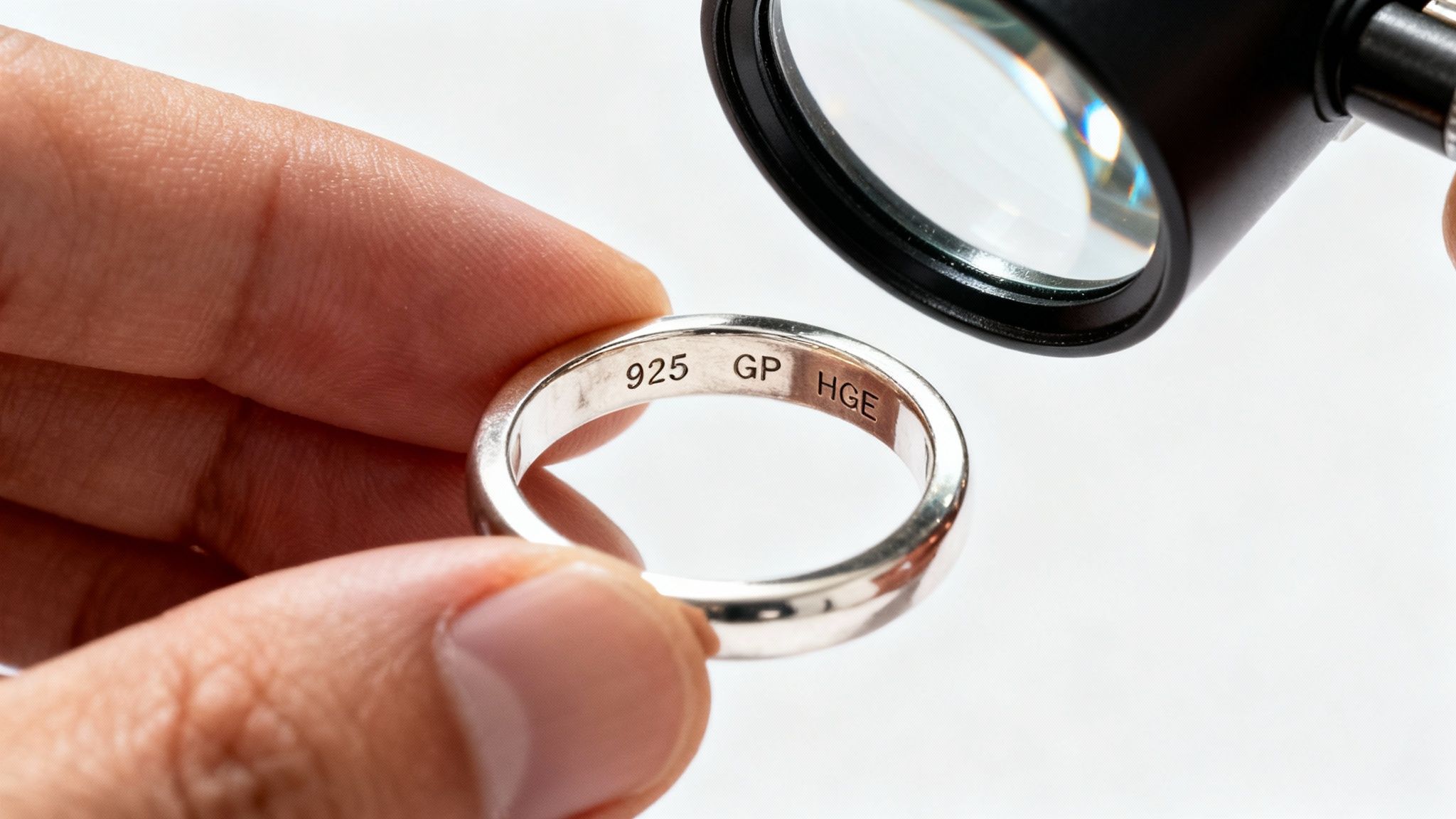 A hand holds a silver ring with "925 GP HGE" hallmarks, magnified for inspection.