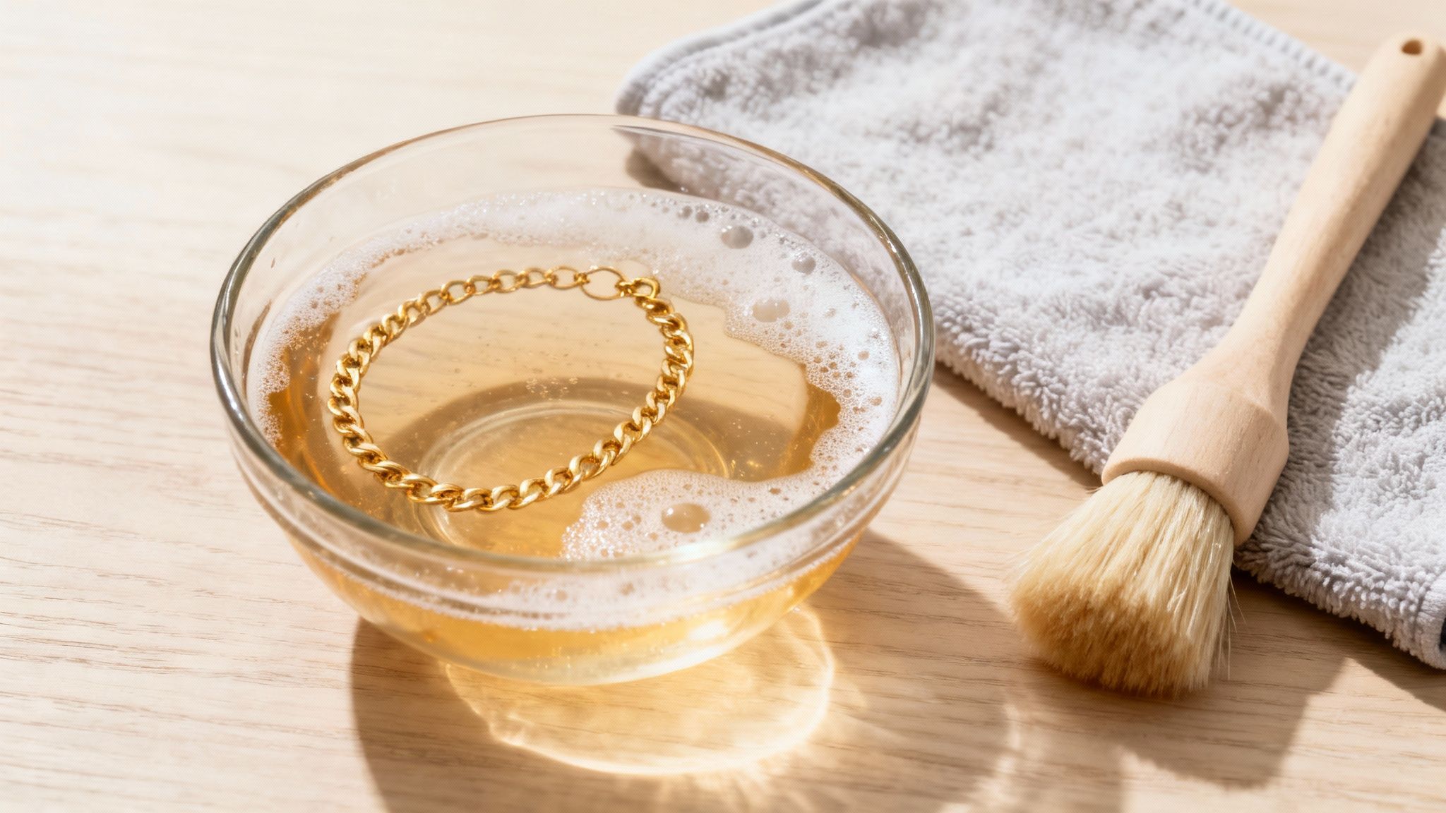 A gold chain soaking in soapy water within a glass bowl, beside a brush and towel.