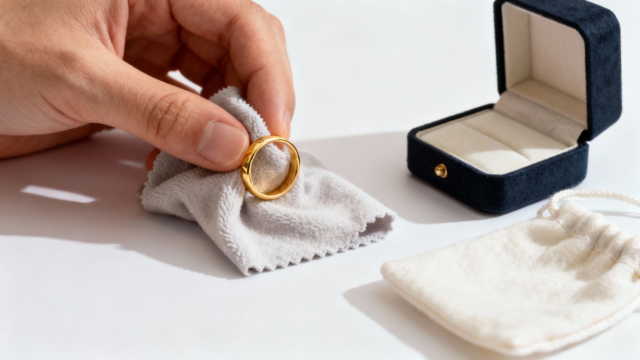 A hand gently cleans a shiny gold ring with a soft gray polishing cloth, next to an open velvet ring box.