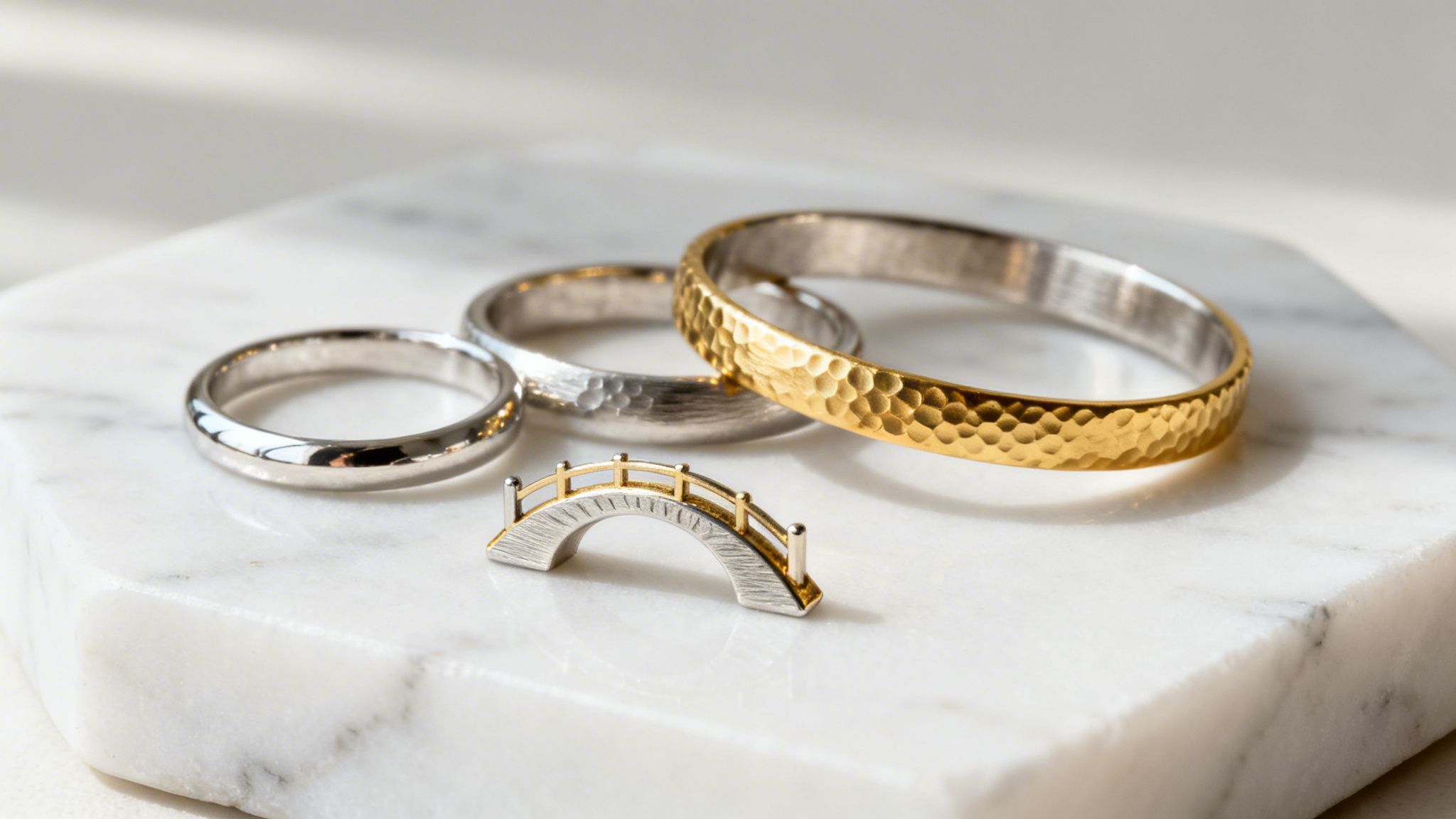 Close-up of various metallic rings and a decorative bridge on a white marble slab.
