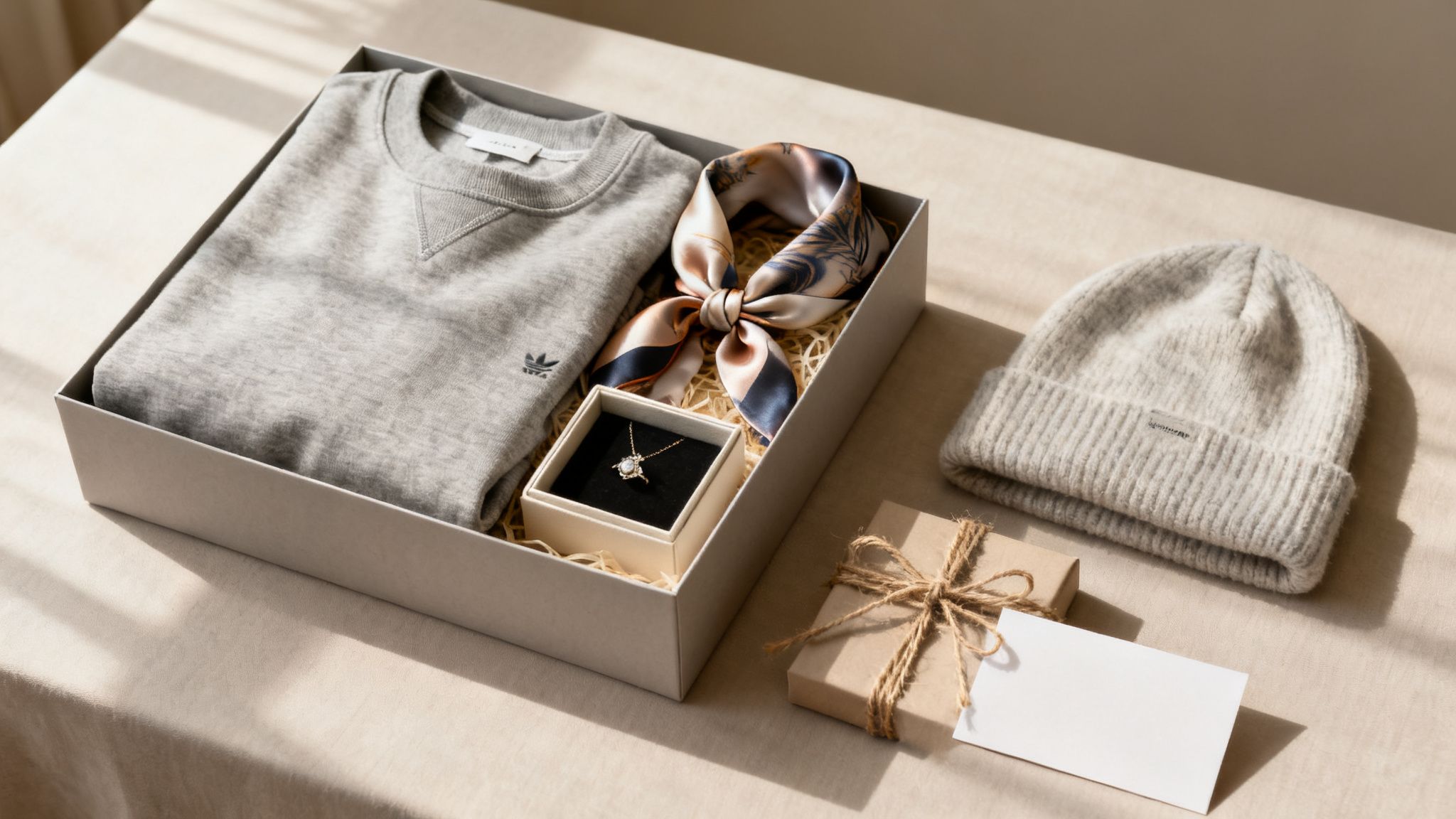 A beautifully curated gift box containing a grey sweatshirt, a patterned silk scarf, and a delicate necklace, alongside a cozy knitted beanie and a small wrapped present with a blank tag.