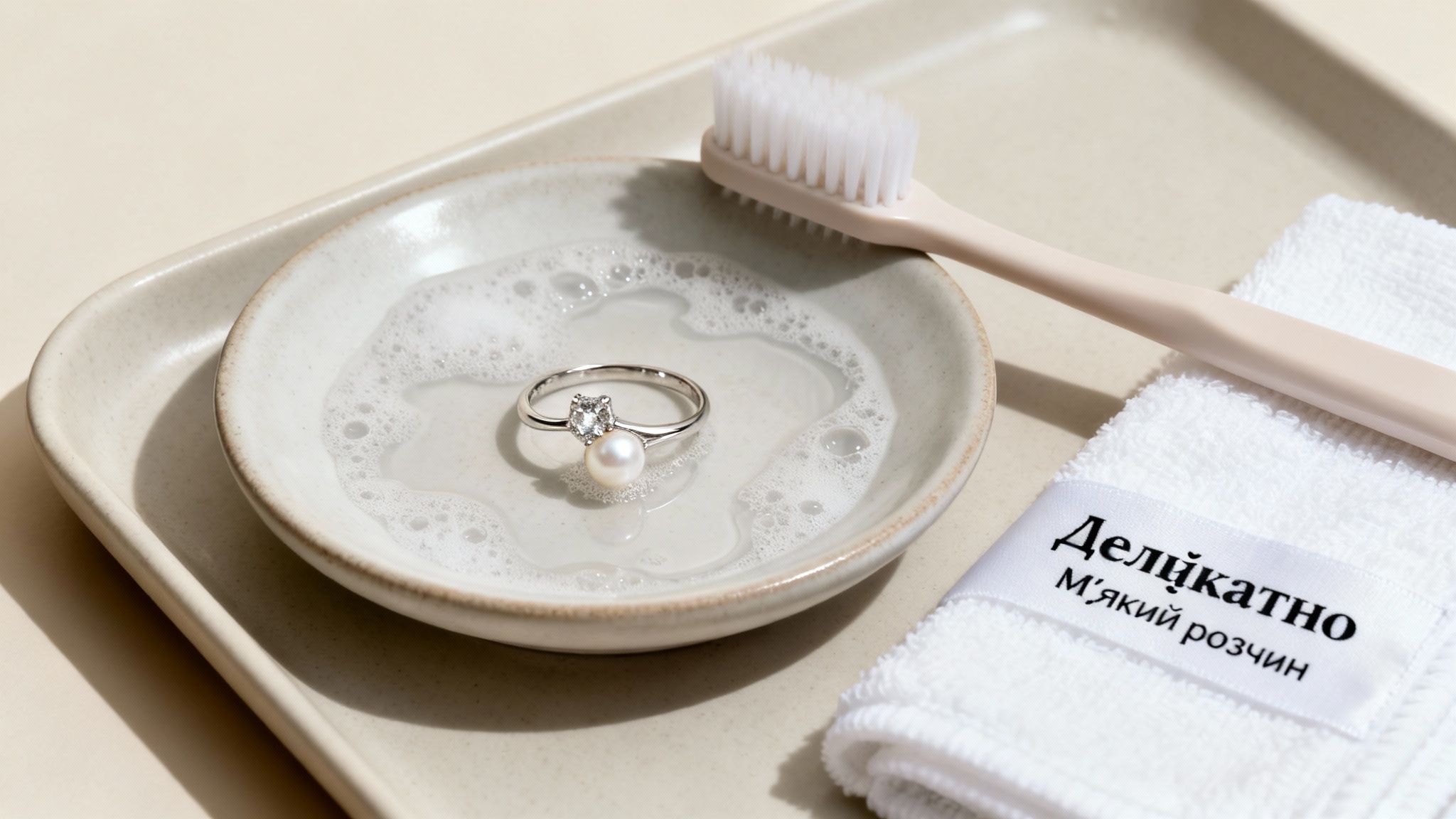 Срібне кільце з перлиною та діамантом очищається у мильній воді, поруч щітка.