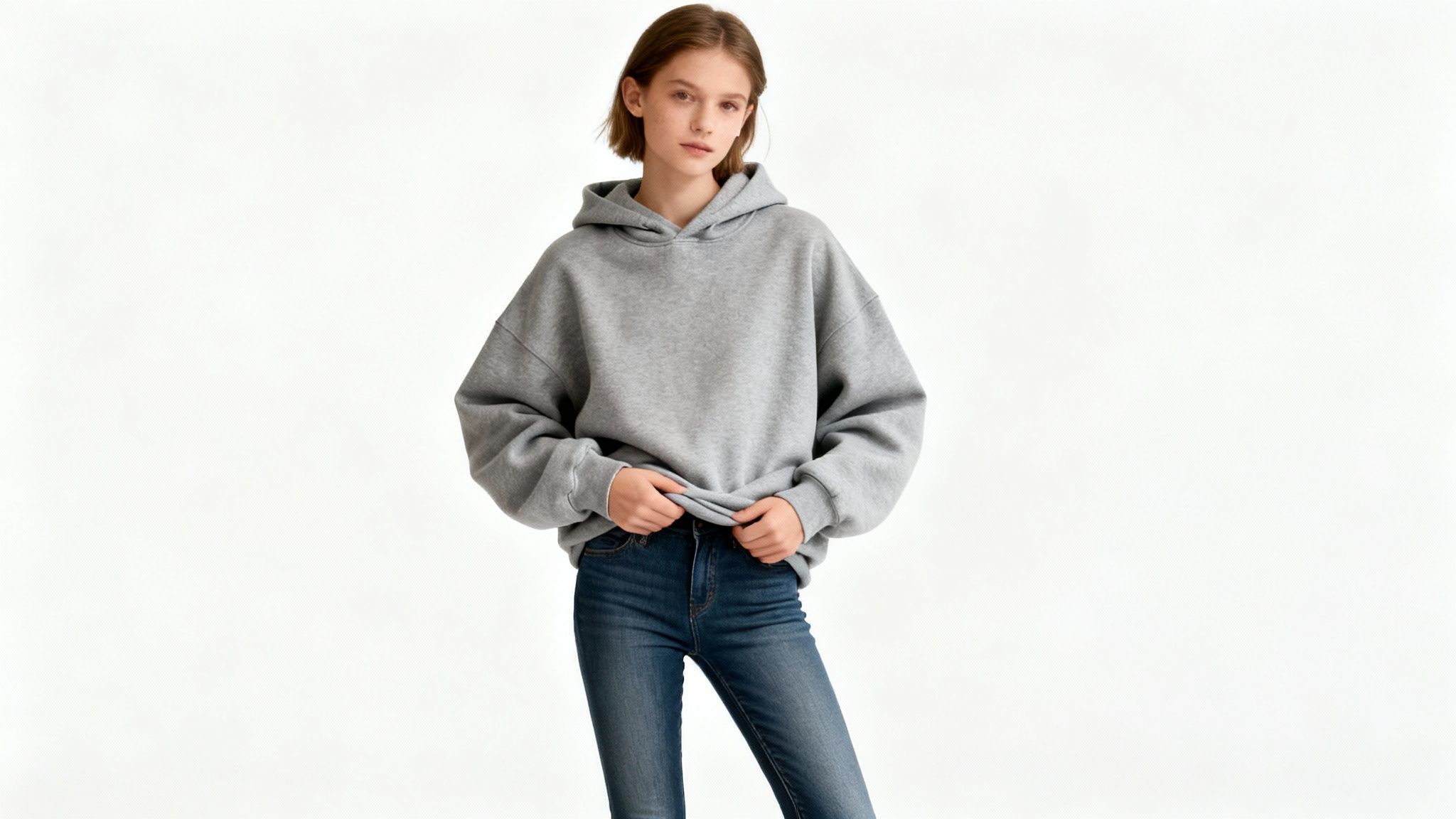 A young woman wearing an oversized gray hoodie and blue jeans poses against a white background.