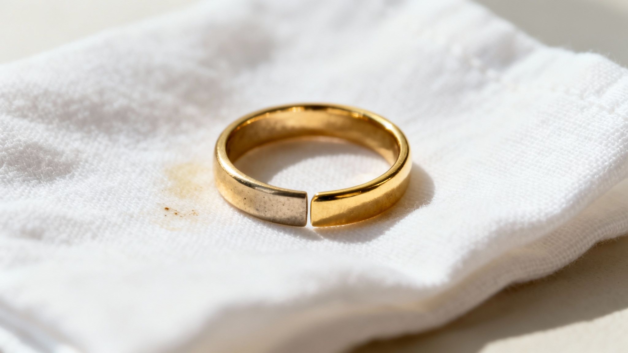 A two-piece gold ring on white fabric, one half tarnished, the other polished clean.
