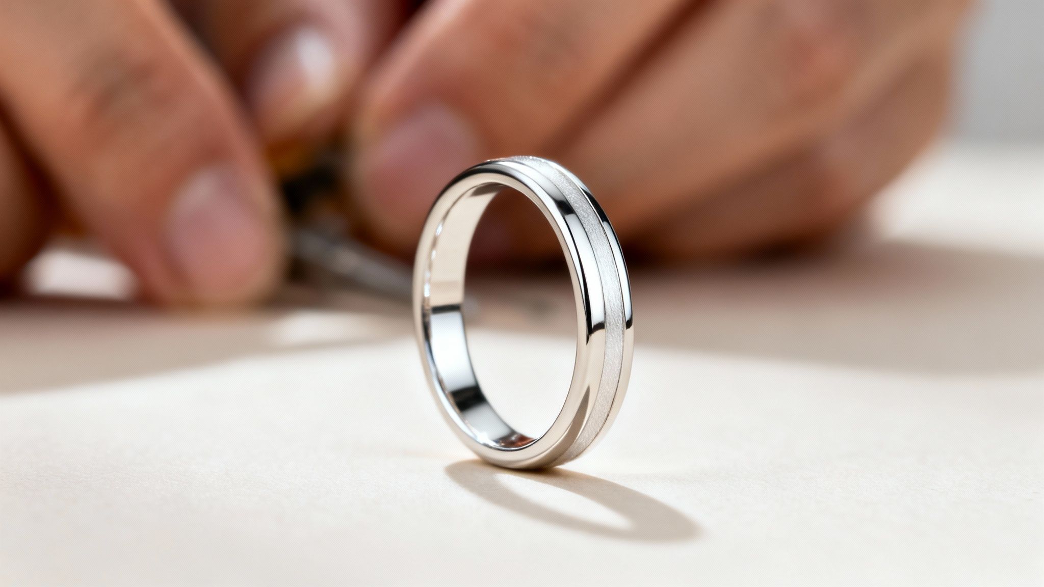 A shiny white gold ring with a brushed center finish stands upright on a table, with blurred hands in the background.