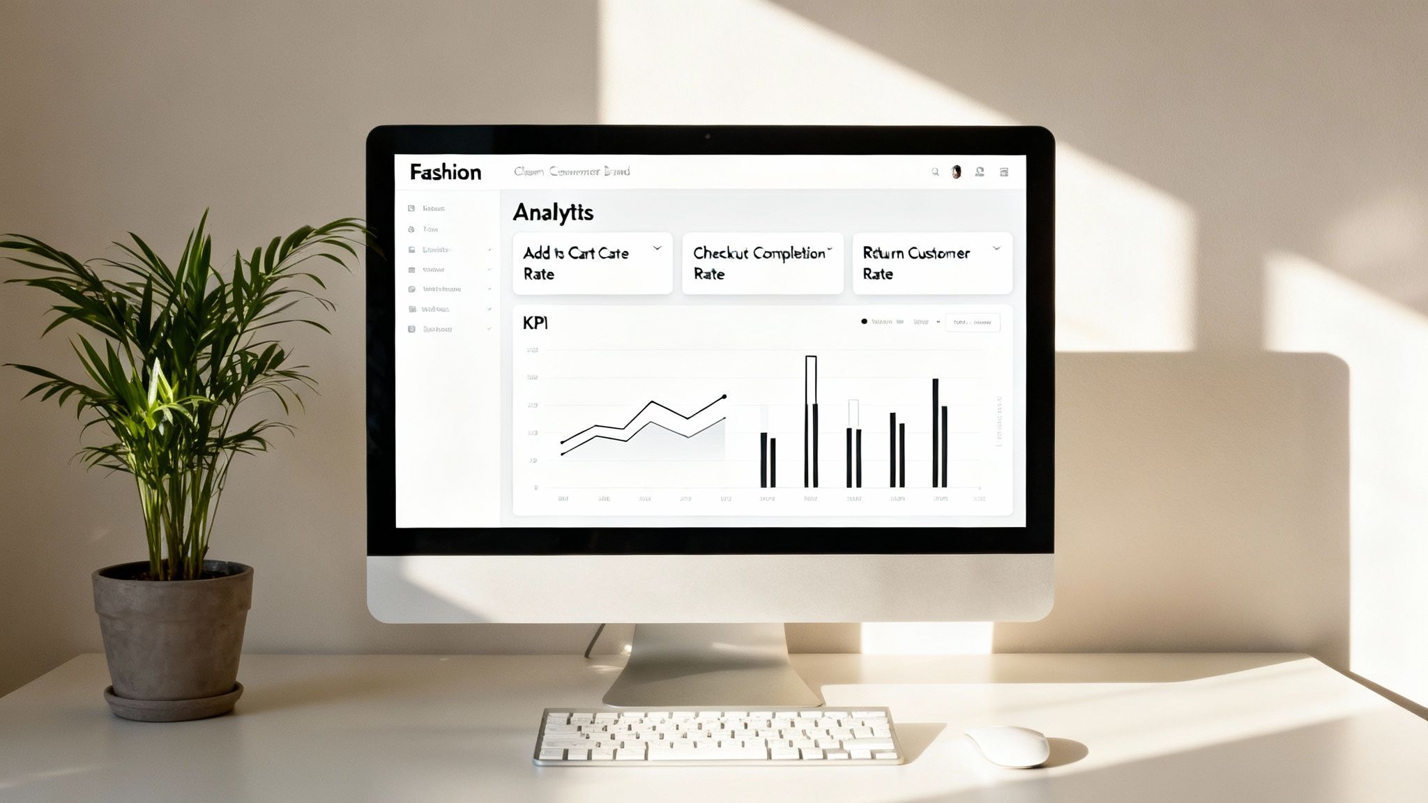 E-commerce analytics dashboard on a desktop computer showing conversion rates and KPIs, next to a potted plant.