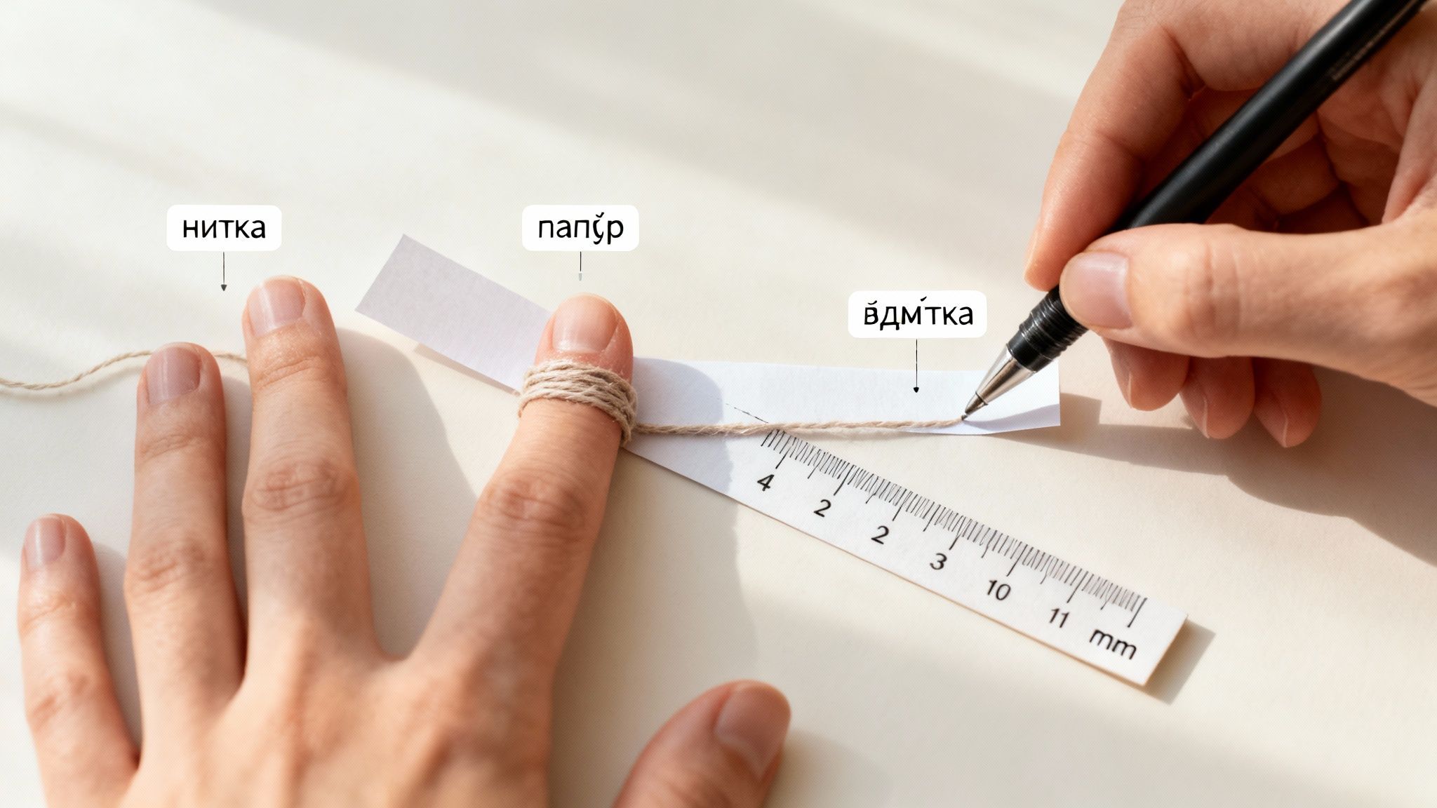 Рука вимірює розмір пальця для каблучки за допомогою нитки, паперу та ручки з лінійкою.