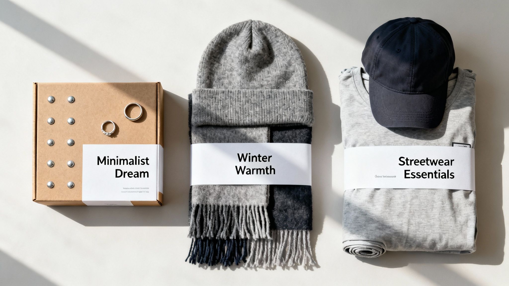Three curated gift sets on a white surface, including jewelry, winter wear, and streetwear.
