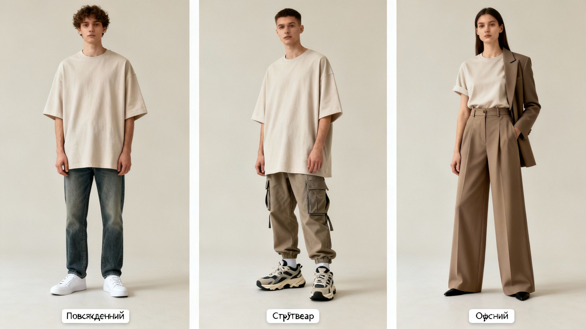 Три моделі демонструють бежеву футболку оверсайз у повсякденному, стрітвеар та офісному стилях.