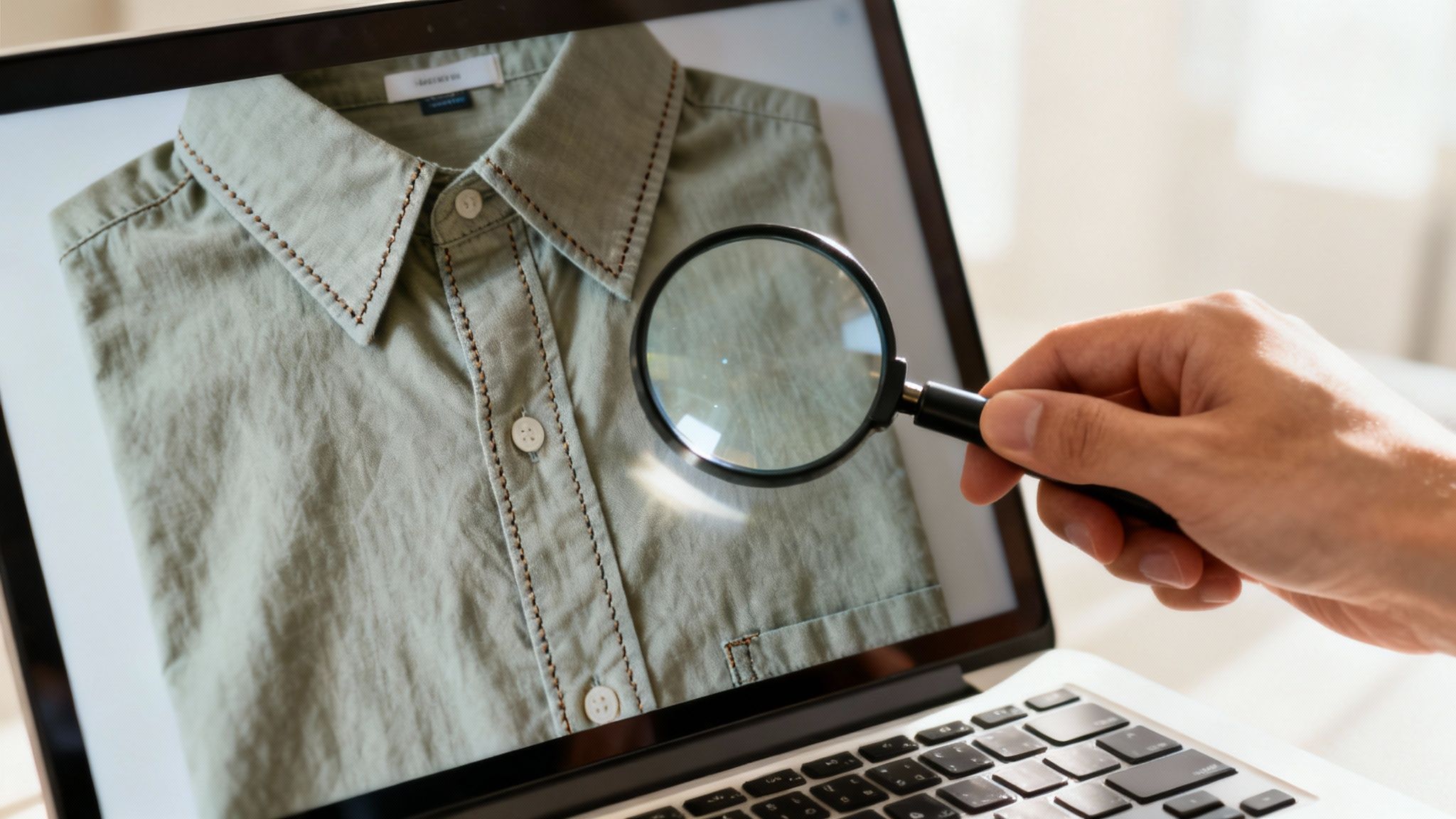 A person uses a magnifying glass to closely examine details of a green shirt on a laptop screen.