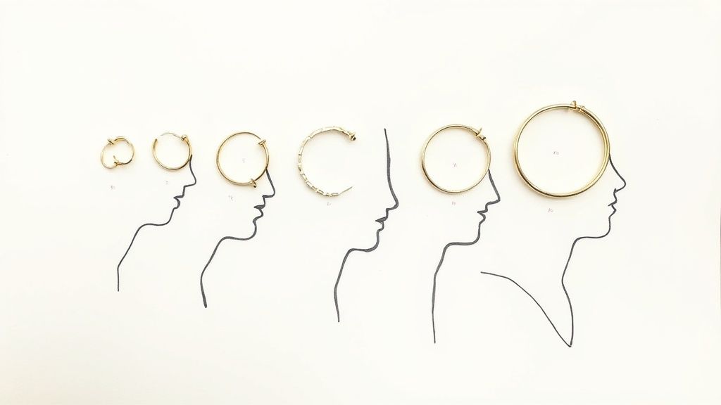 Золоті сережки-кільця різних розмірів та форм над контурами облич, демонструючи їх вигляд.