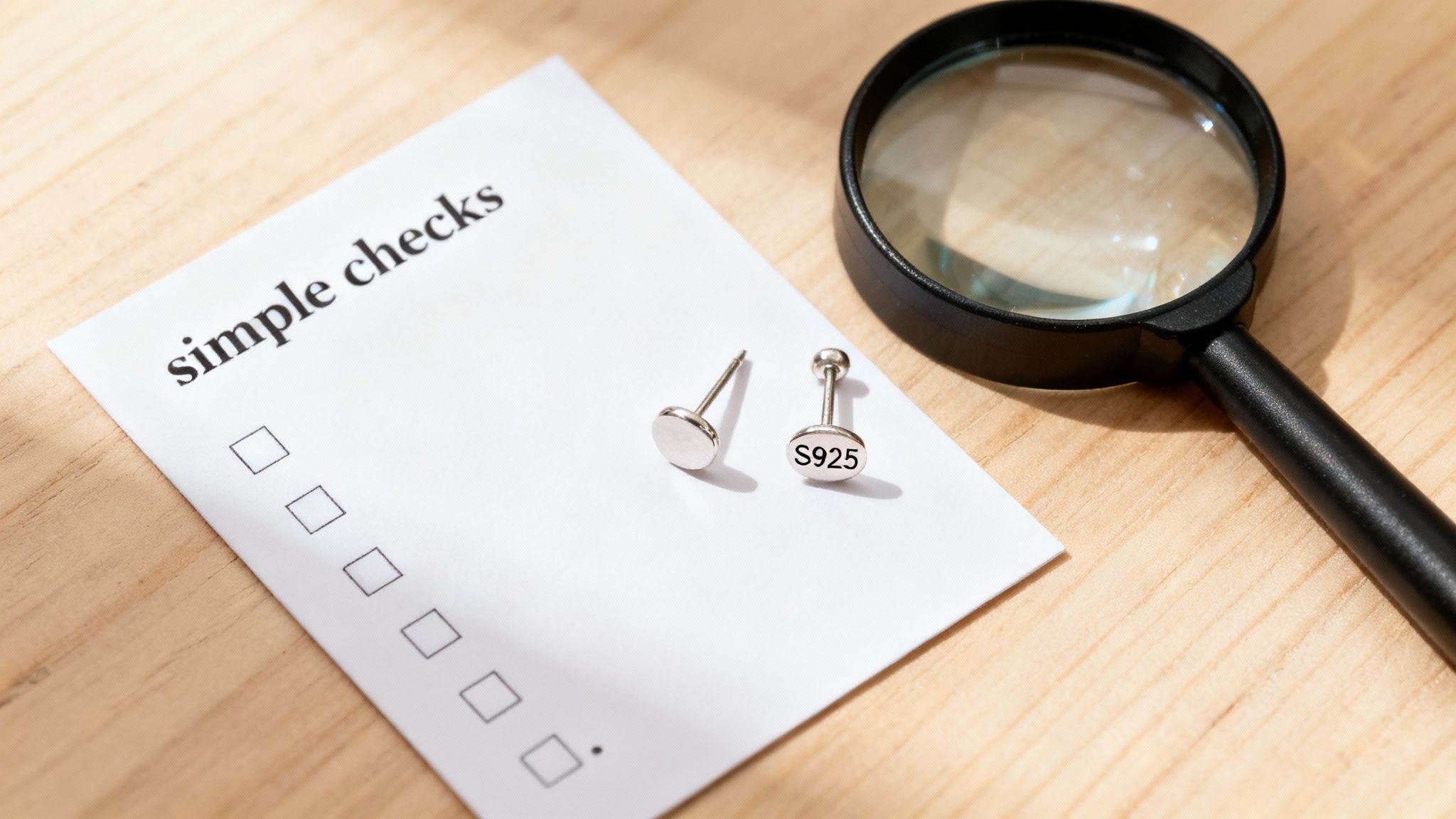 A magnifying glass, S925 silver stud earrings, and a 'simple checks' checklist on wood.
