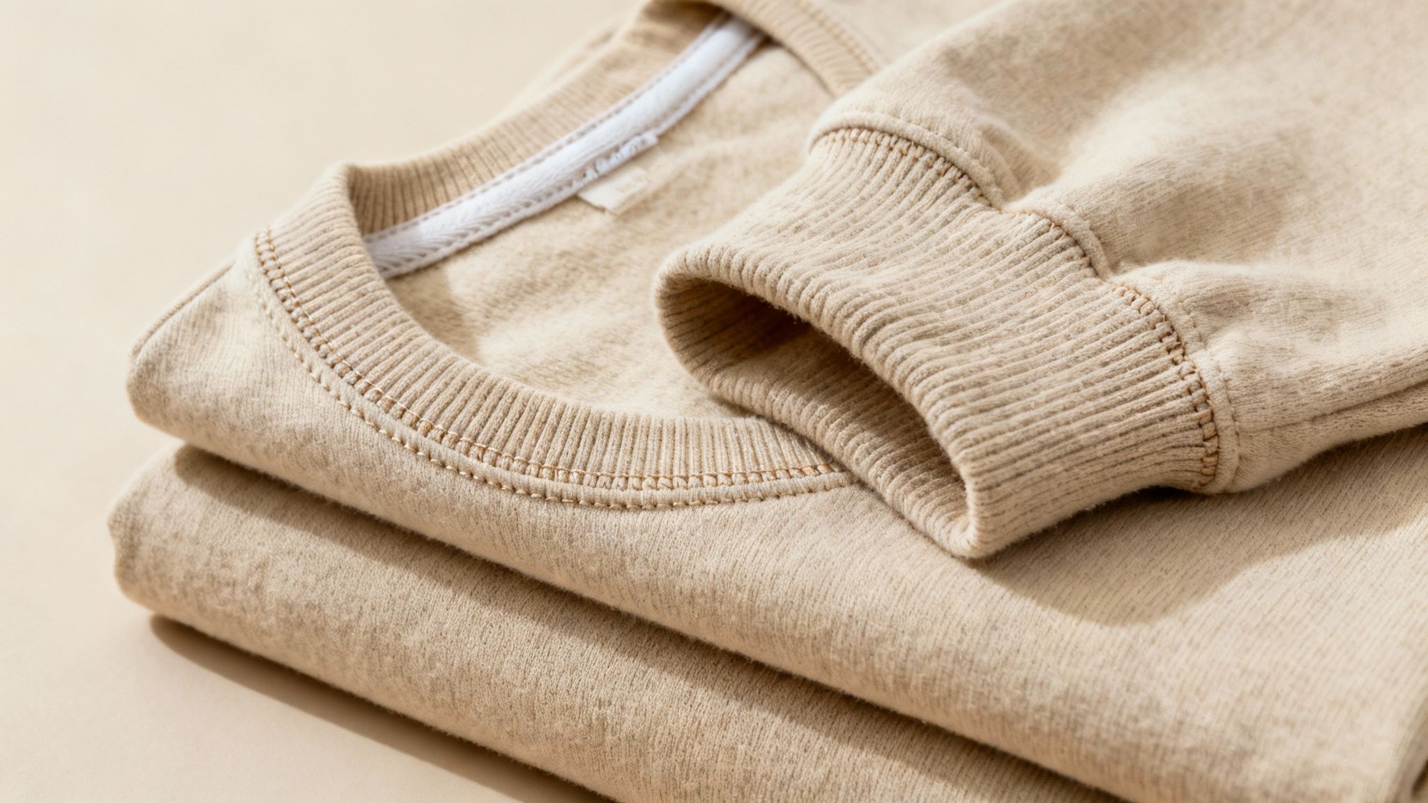 Close-up of neatly folded light beige sweatshirts, showing ribbed collar and cuff details.
