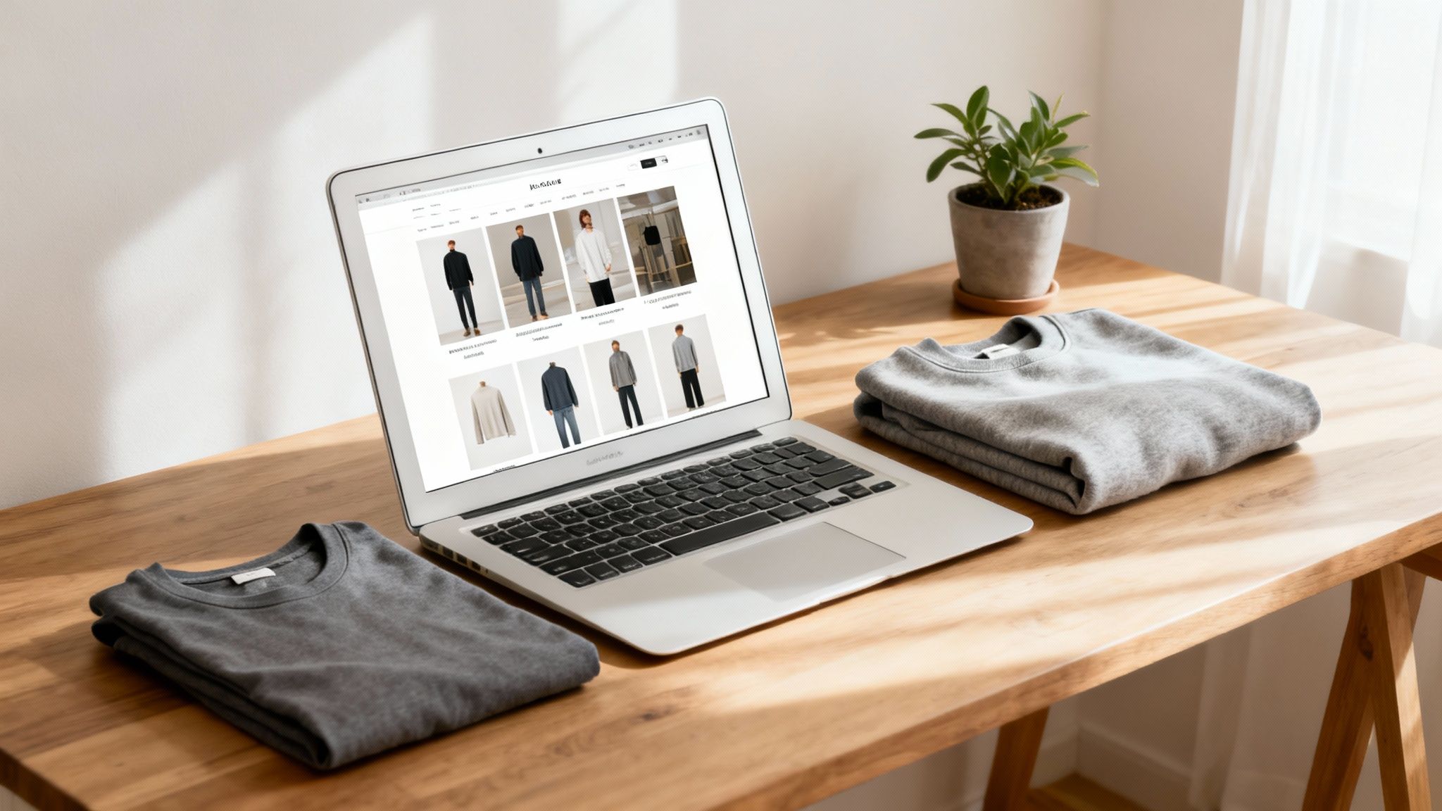 A laptop on a wooden desk displays an online clothing store, surrounded by folded grey sweaters and a small plant.