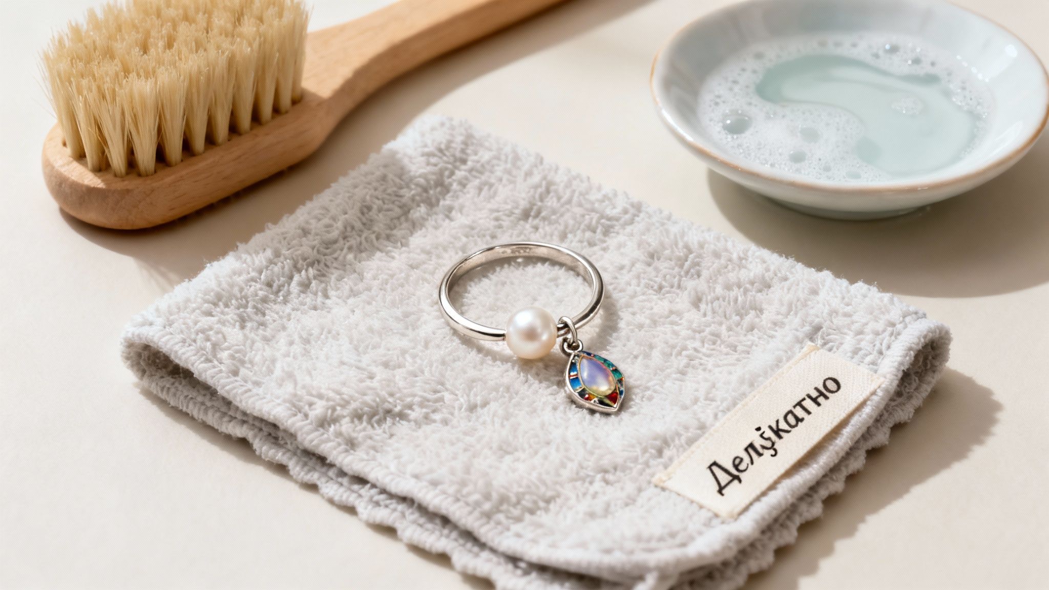 Срібний перстень з перлиною та кольоровим шармом лежить на рушнику, поруч щітка та миска з водою.