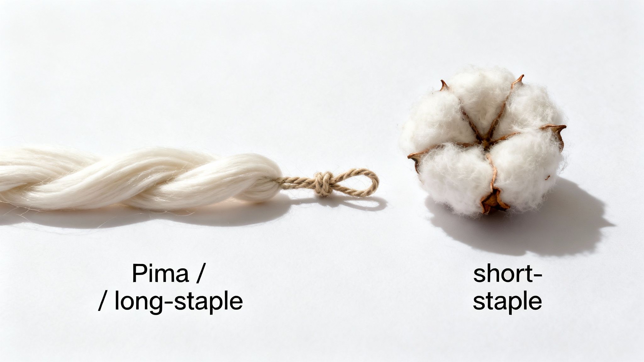 Side-by-side comparison of Pima long-staple cotton fibers and a natural short-staple cotton boll.