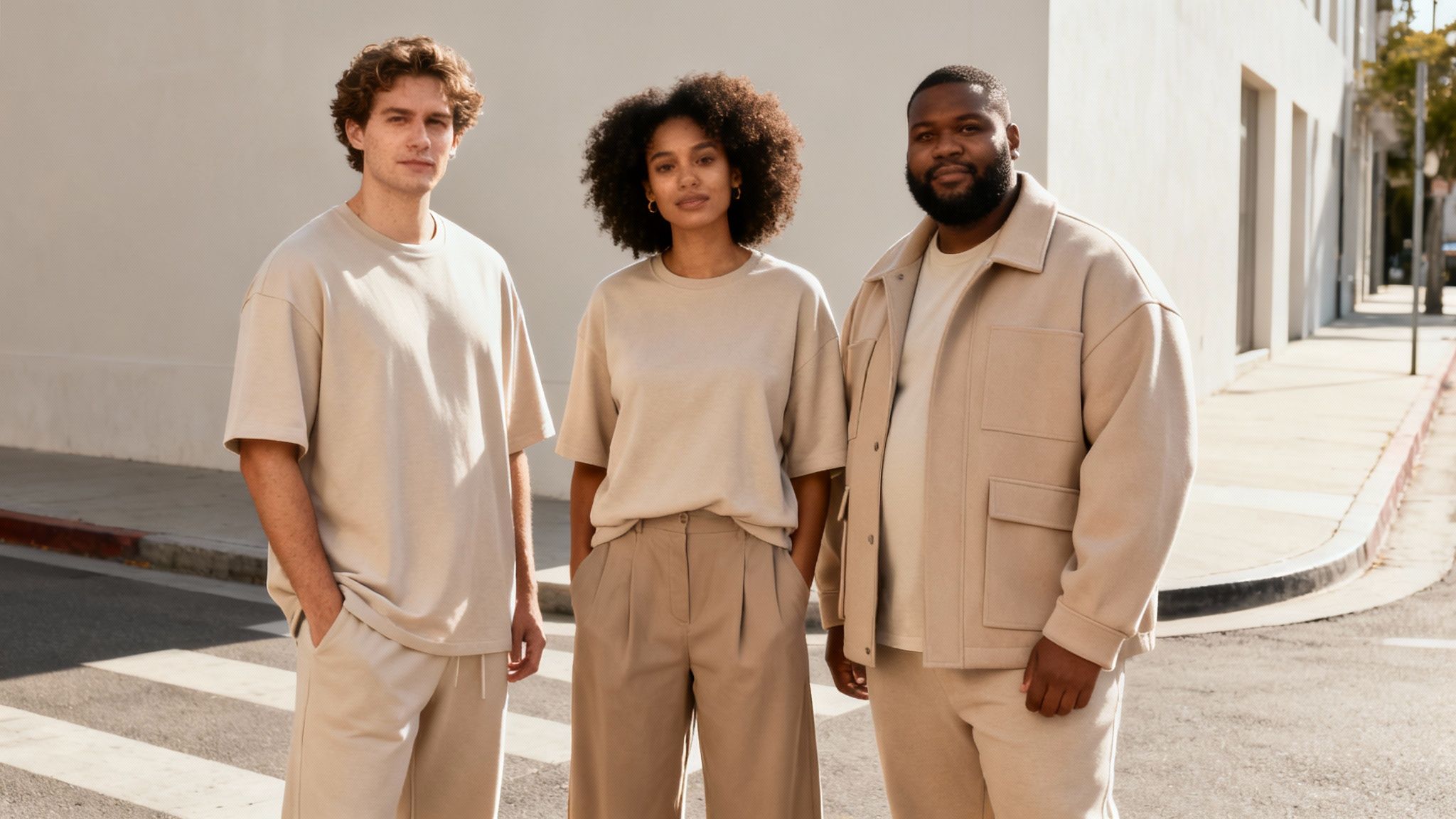 Three diverse models wearing neutral-toned, oversized streetwear in an urban outdoor setting.