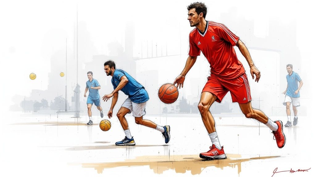 Чоловіки грають у баскетбол на відкритому майданчику в спортивному одязі Adidas