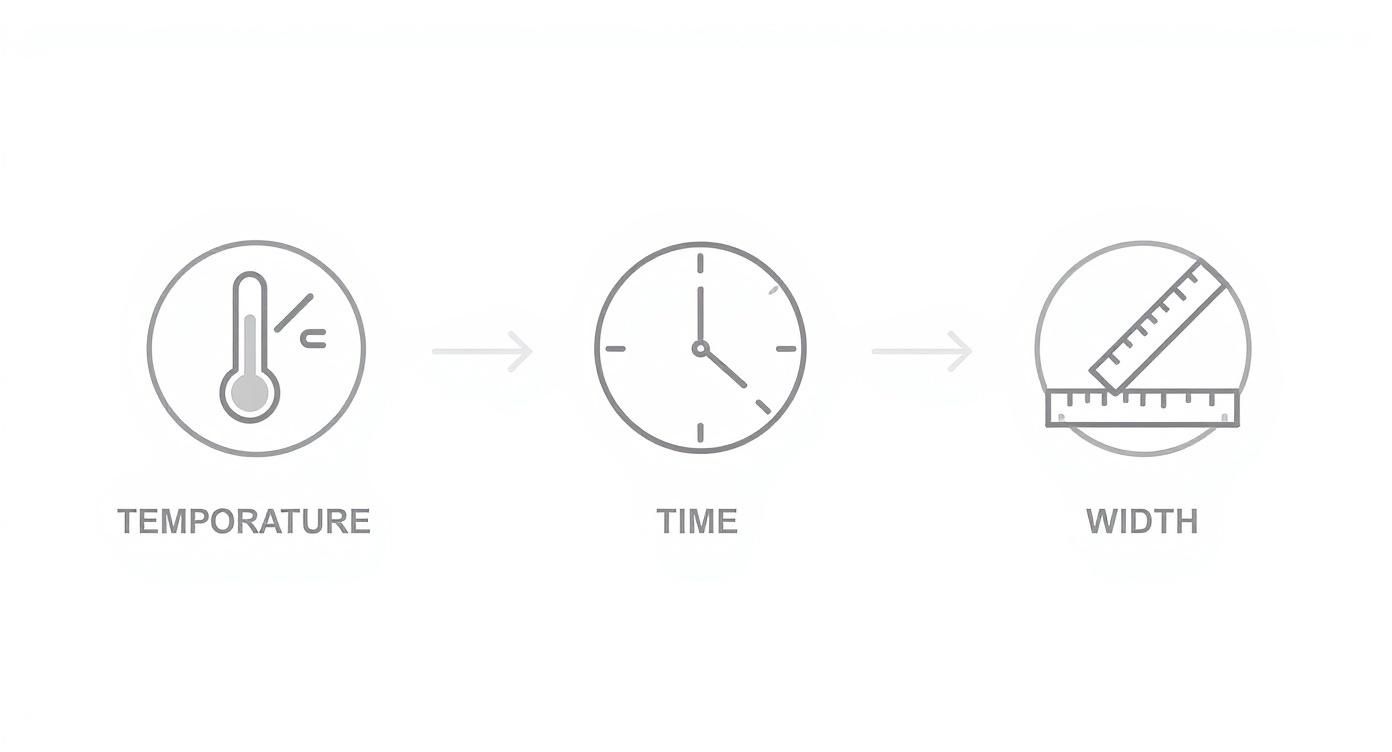 Зображення показує послідовність іконок: термометр, годинник та лінійка, що символізують температуру, час і ширину.