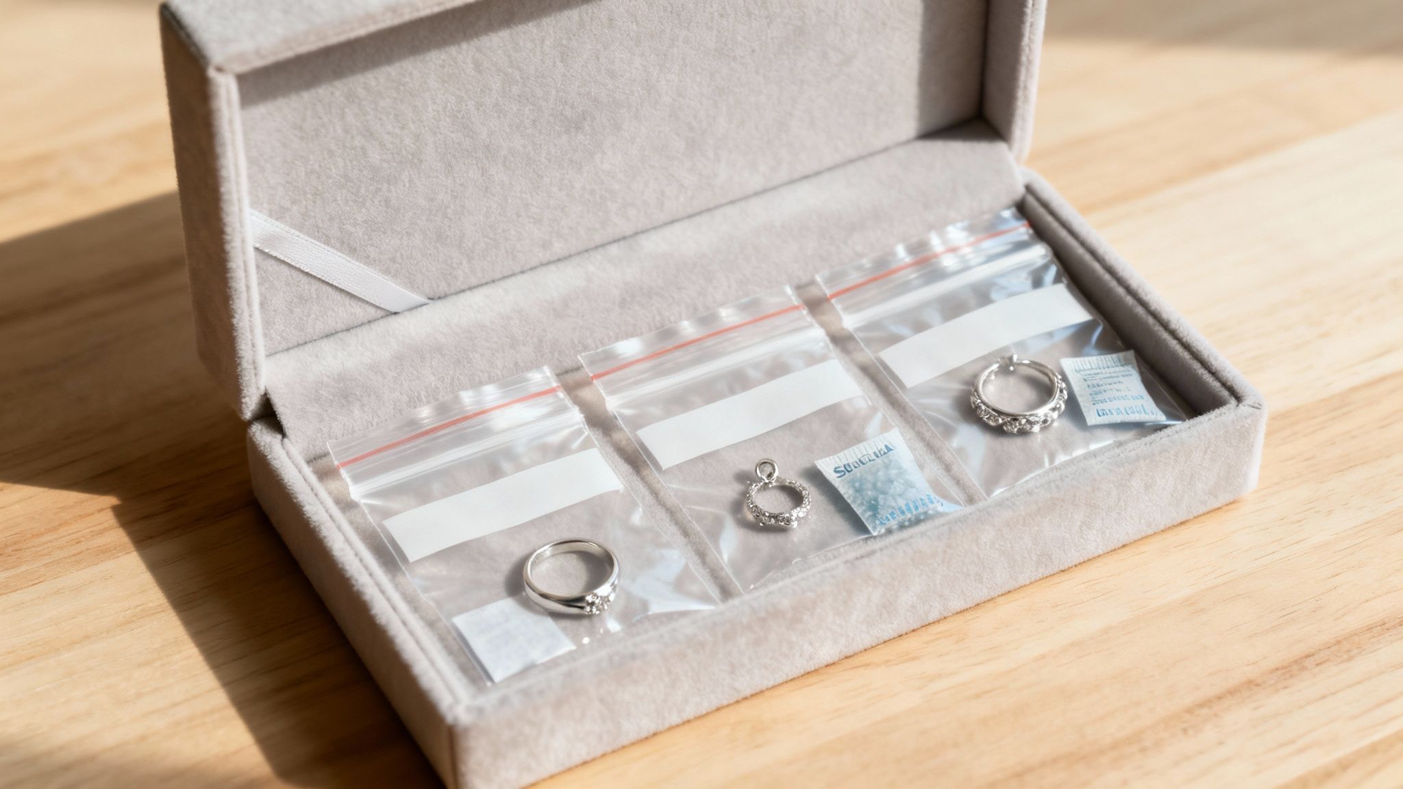 Silver rings and a pendant stored in zip-lock bags with silica gel in a velvet jewelry box.