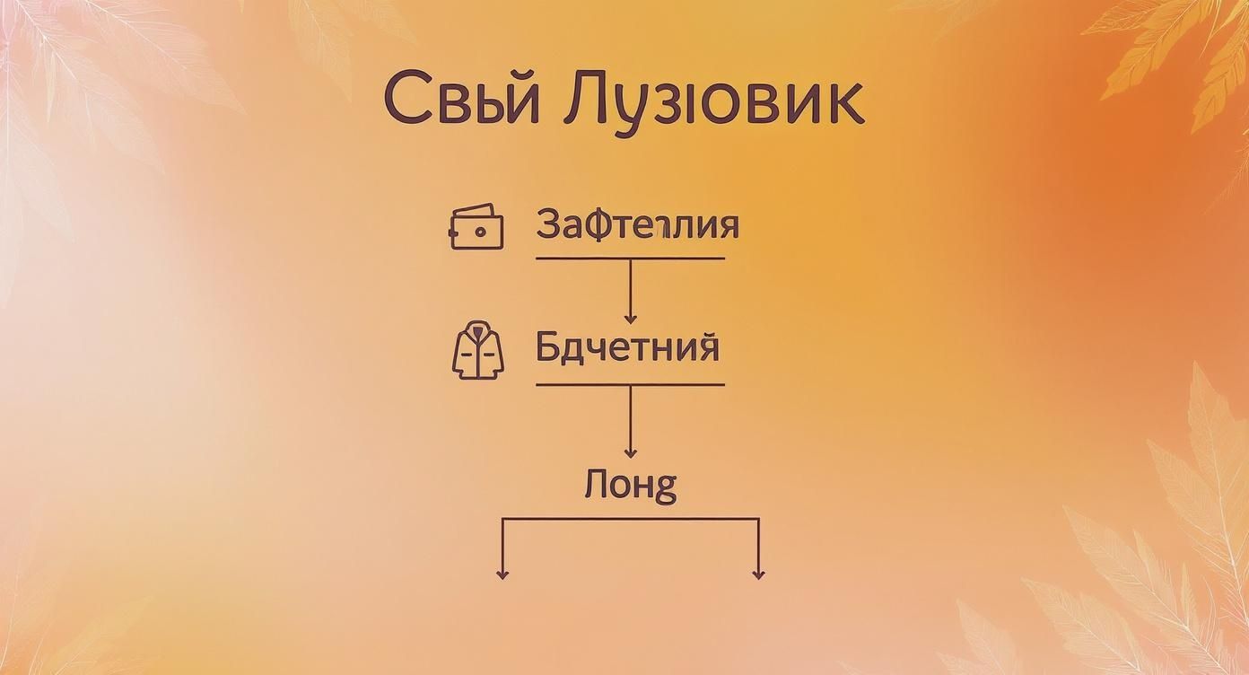 Блок-схема з назвою «Свый Лузиовик», іконками гаманця, куртки та словами «Зафтепия», «Бдчетния», «Лонг».