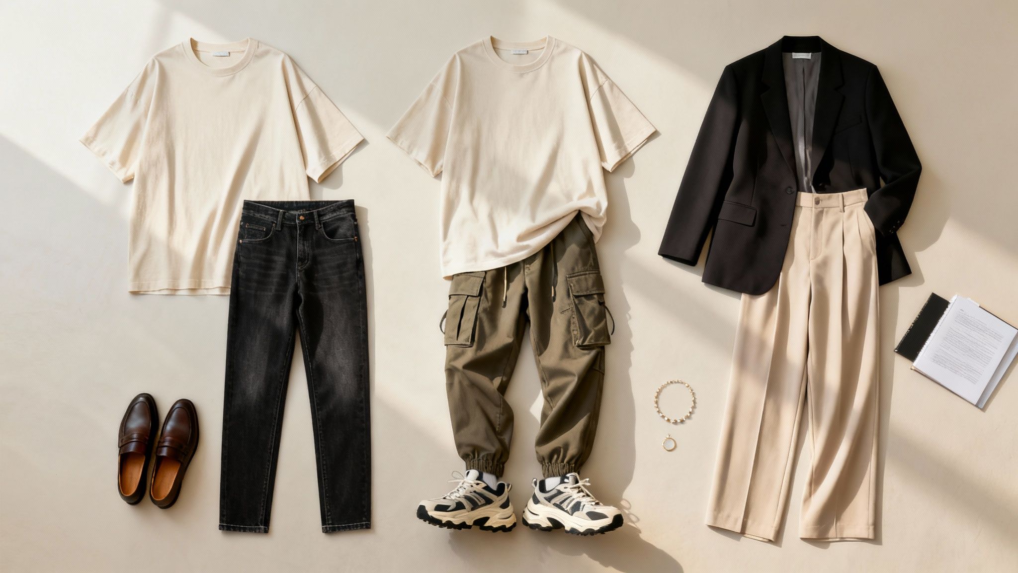 Three flat-lay men's outfits featuring oversized beige t-shirts, cargo pants, jeans, sneakers, and loafers.