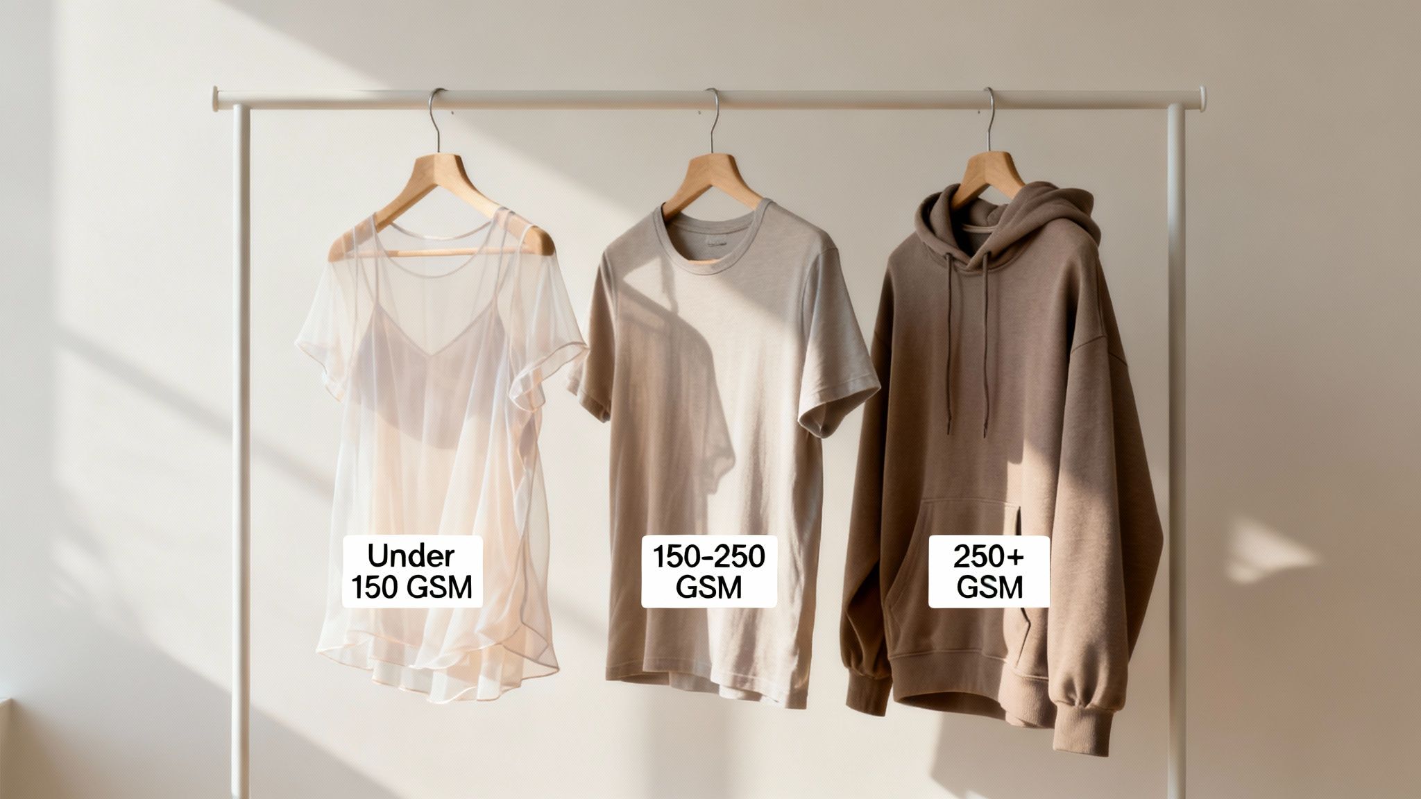 Different garments on a rack demonstrating fabric GSM: sheer top, t-shirt, and heavy hoodie.