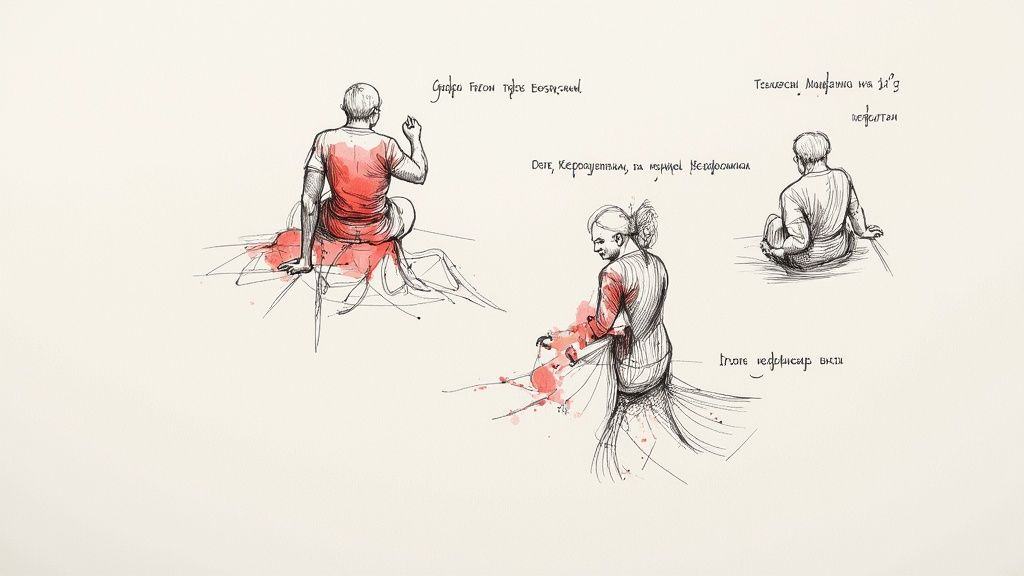 Малюнок чоловіків та жінки, сидячих та нахилених, виконаний у стилі ескізу з червоними акварельними вкрапленнями.