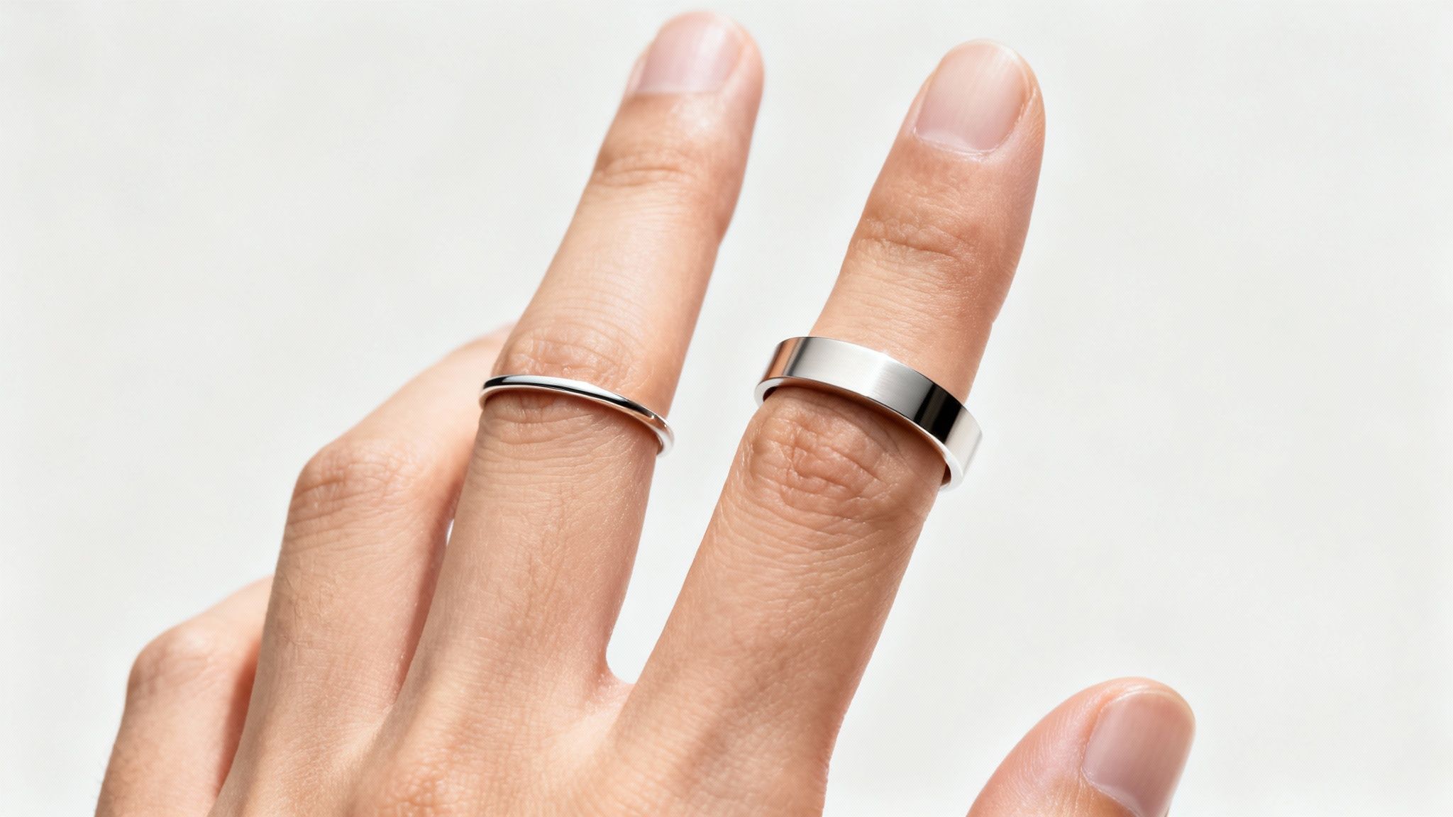 Close-up of two fingers, one with a thin silver ring and the other with a wide silver band.