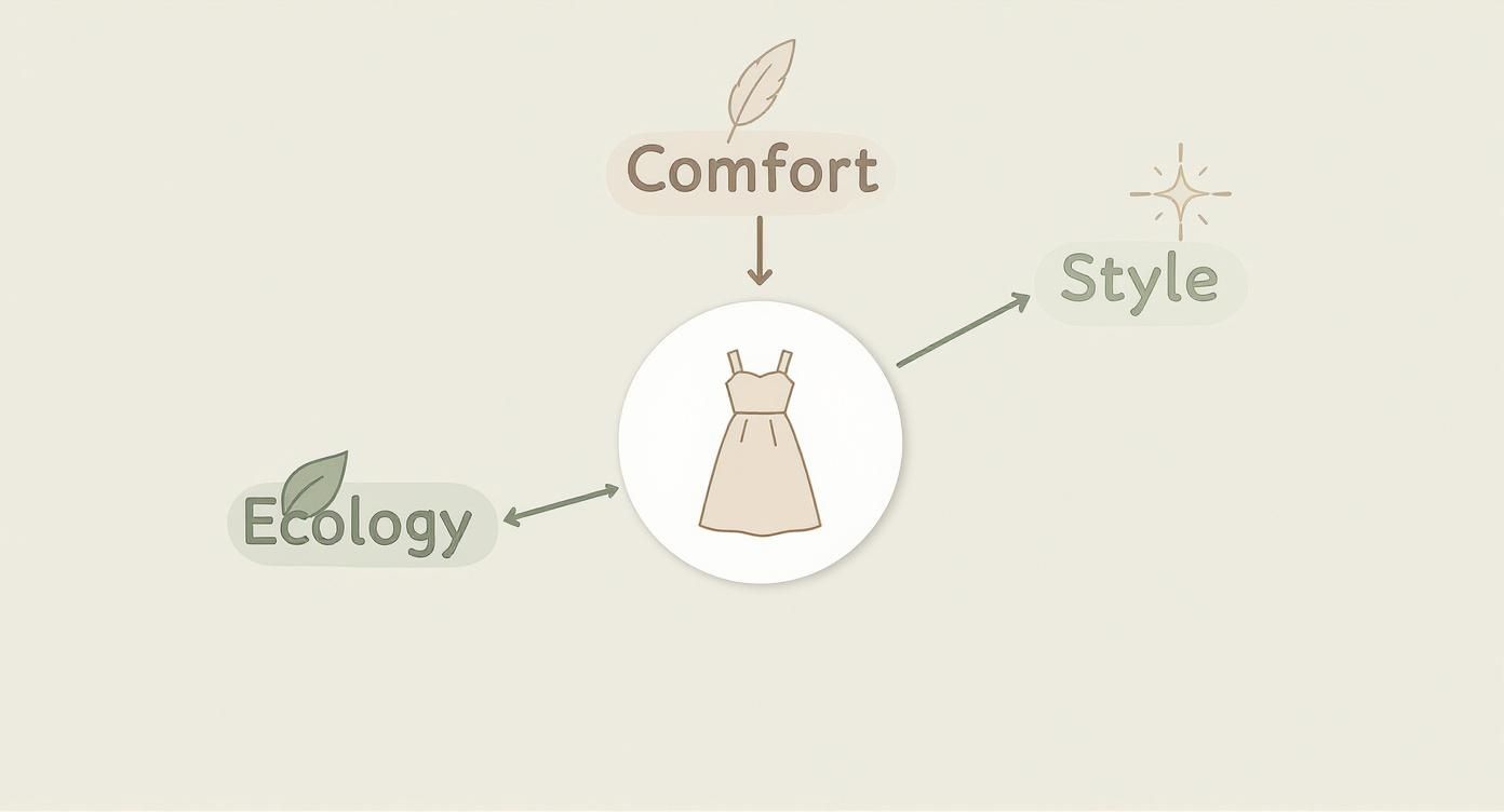 Схема, що ілюструє сукню як поєднання комфорту, екології та стилю.