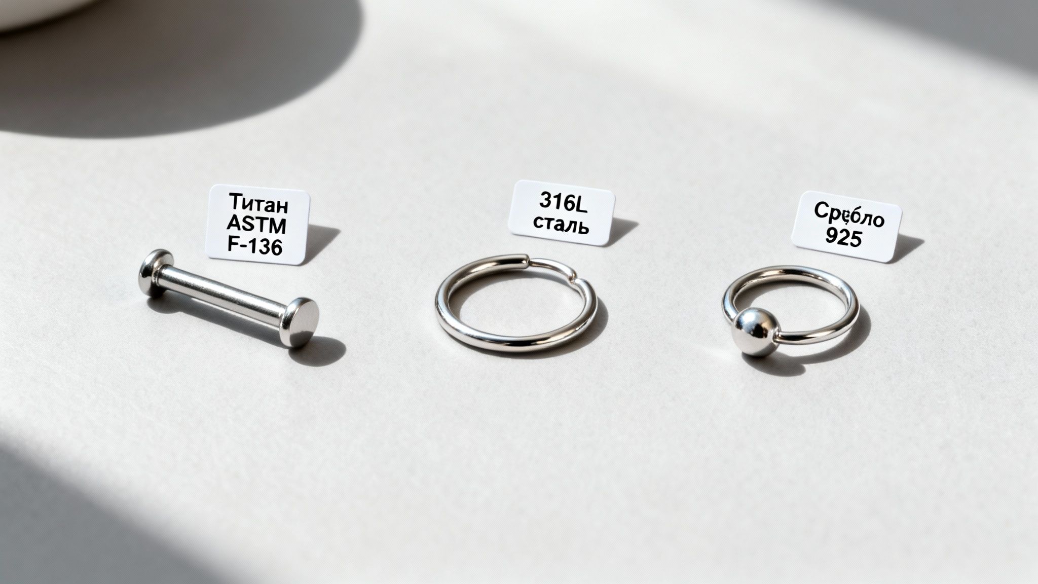 Три прикраси для пірсингу: титановий барбел, кільце зі сталі 316L та срібне кільце 925 проби.