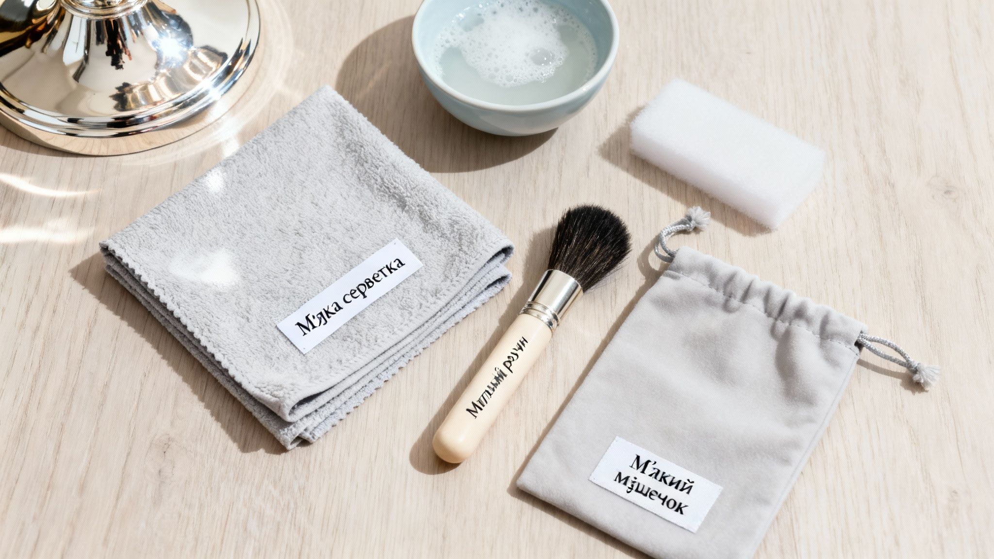 Набір для чищення срібла: м'яка серветка, щітка, мішечок, губка та мильний розчин.