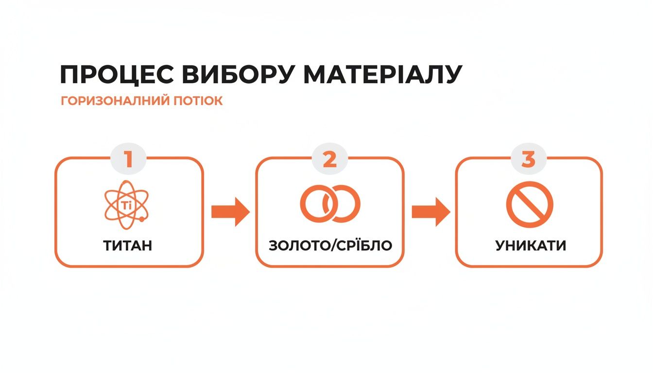 Інфографіка процесу вибору матеріалу для ювелірних виробів: титан, золото/срібло та матеріали, яких слід уникати.