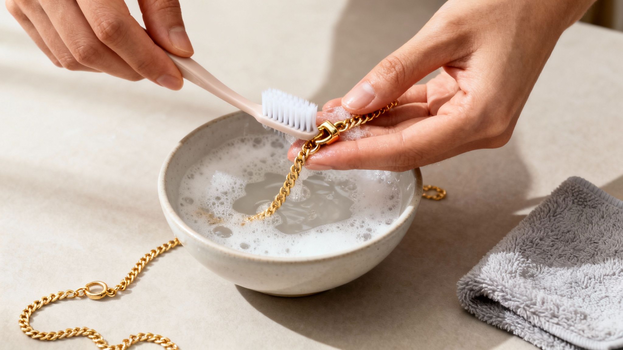 Hands cleaning a gold chain with a toothbrush and soapy water, with a gray towel nearby.