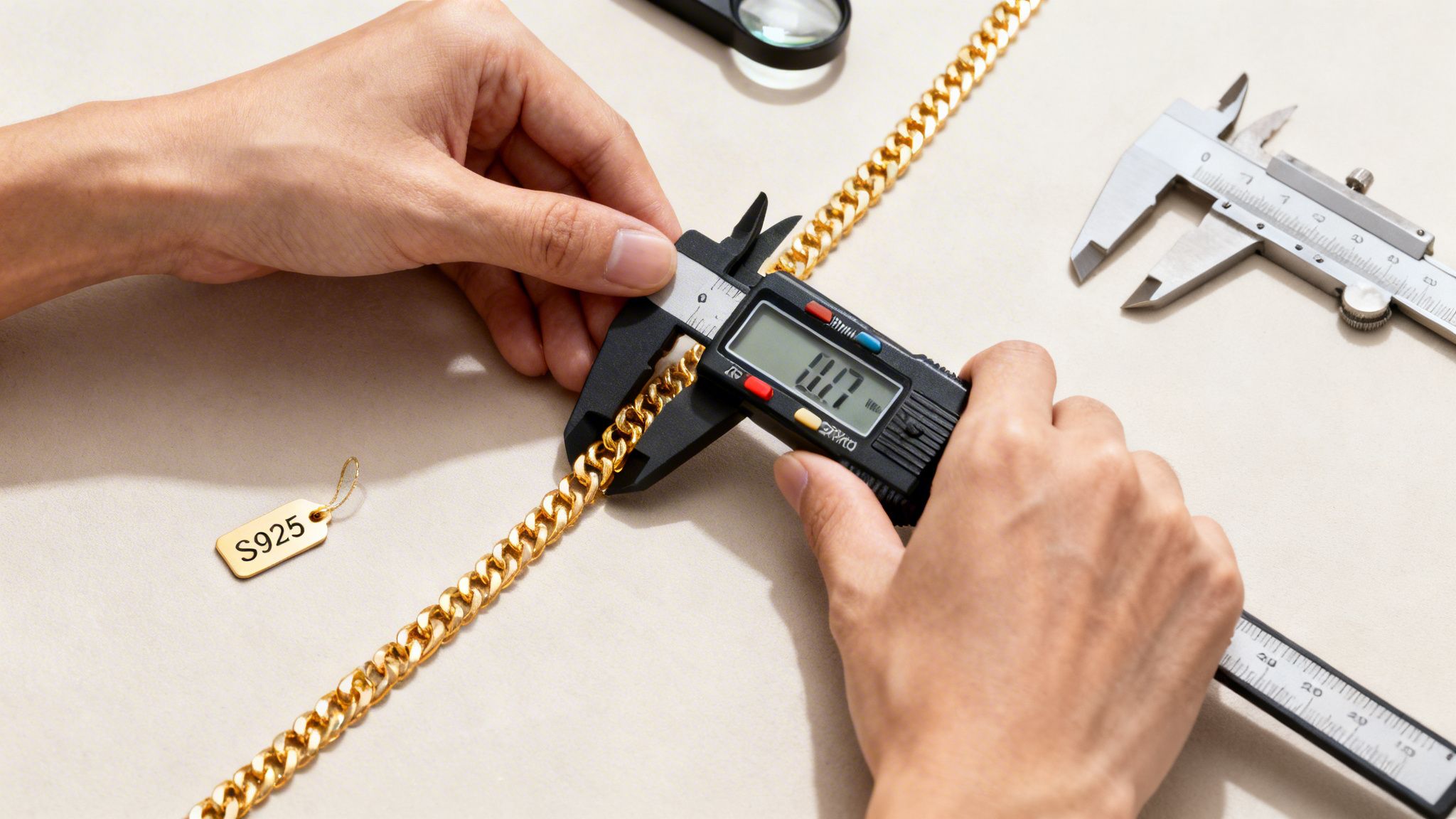 Hands measuring a gold Cuban link chain with a digital caliper, displaying an S925 tag.