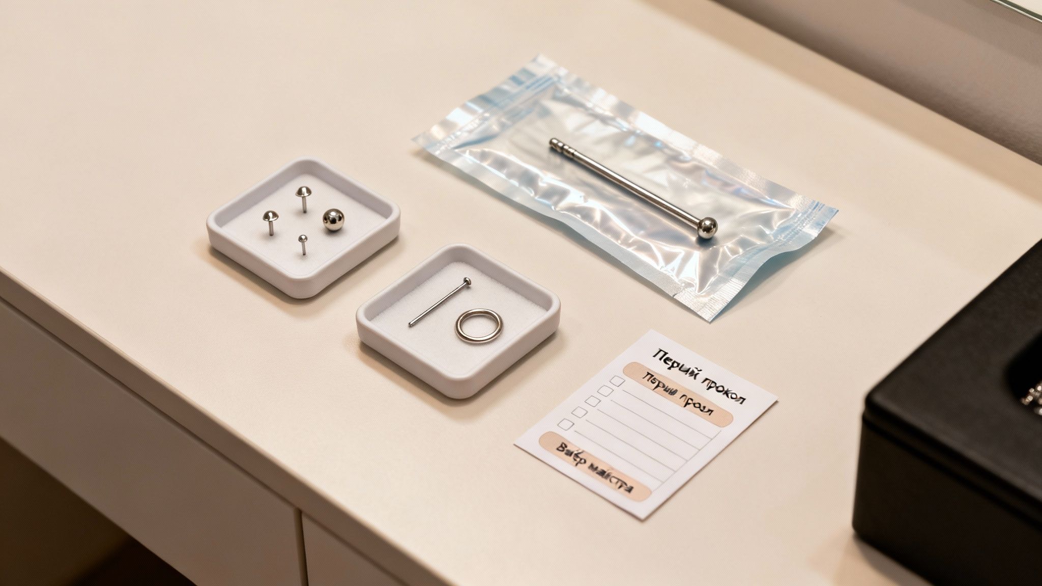 Набір прикрас для пірсингу та стерильний інструмент на білому столі, готові до процедури.